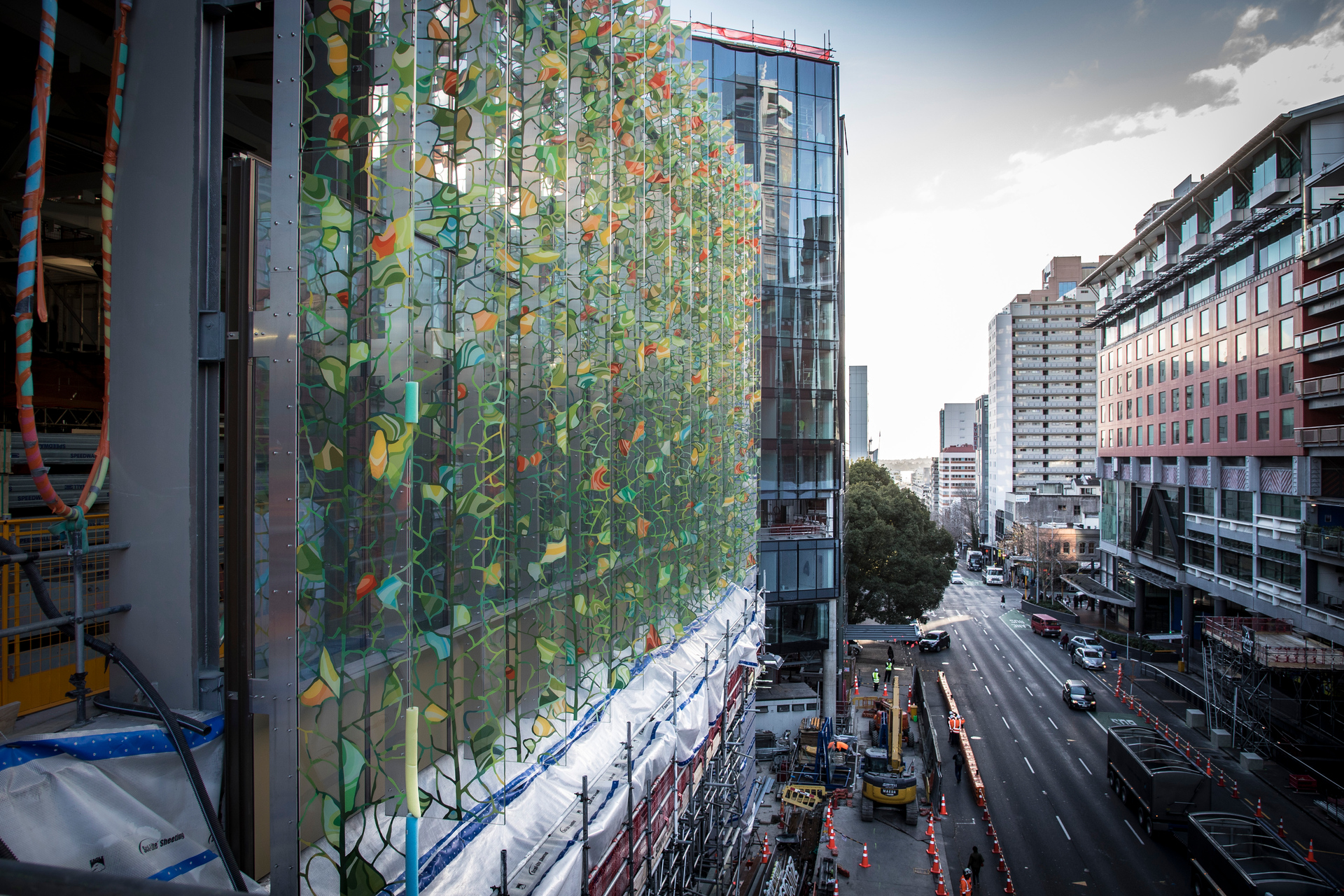 Glass panels by artist Sara Hughes on the NZICC. Photo / supplied