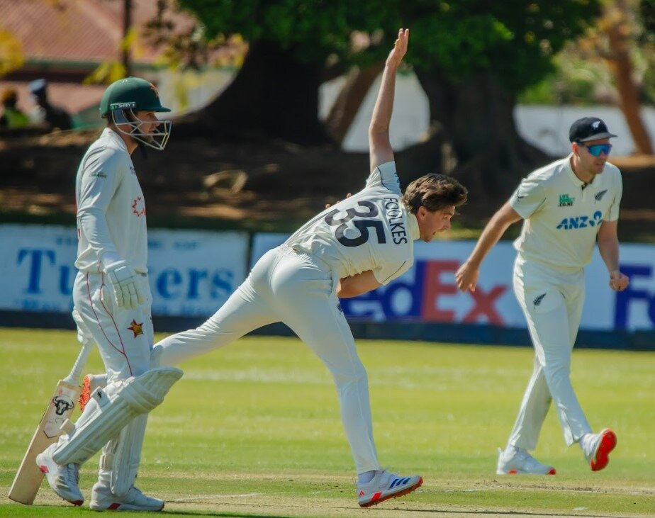 Debutant Zak Foulkes bowling on day one of the second test in Bulawayo. Photo / Zimbabwe Cricket