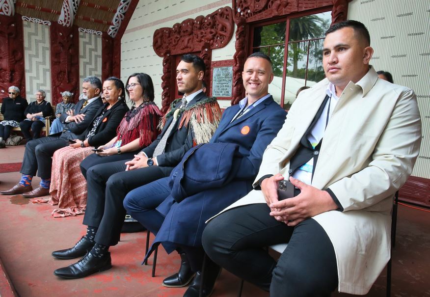 FNDC's Māori ward councillors with their leaders at Waitangi Treaty Grounds - (from left) Babe Kapa, Hilda Halkyard-Harawira Deputy-Mayor Kelly Stratford, Mayor Moko Tepania, Tāmati Rākena, Penetaui Kleskovic. Photo / LDR