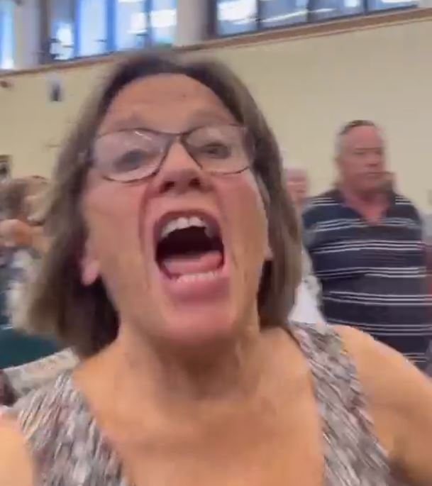 A woman standing to voice her opposition to co-governance approached a protester filming the meeting. Photo / Mikaela Matenga