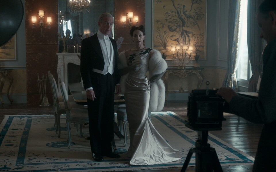 Wallis Simpson, played by Lia Williams, wearing the gold dress in The Crown season one, episode five. Photo / Netflix
