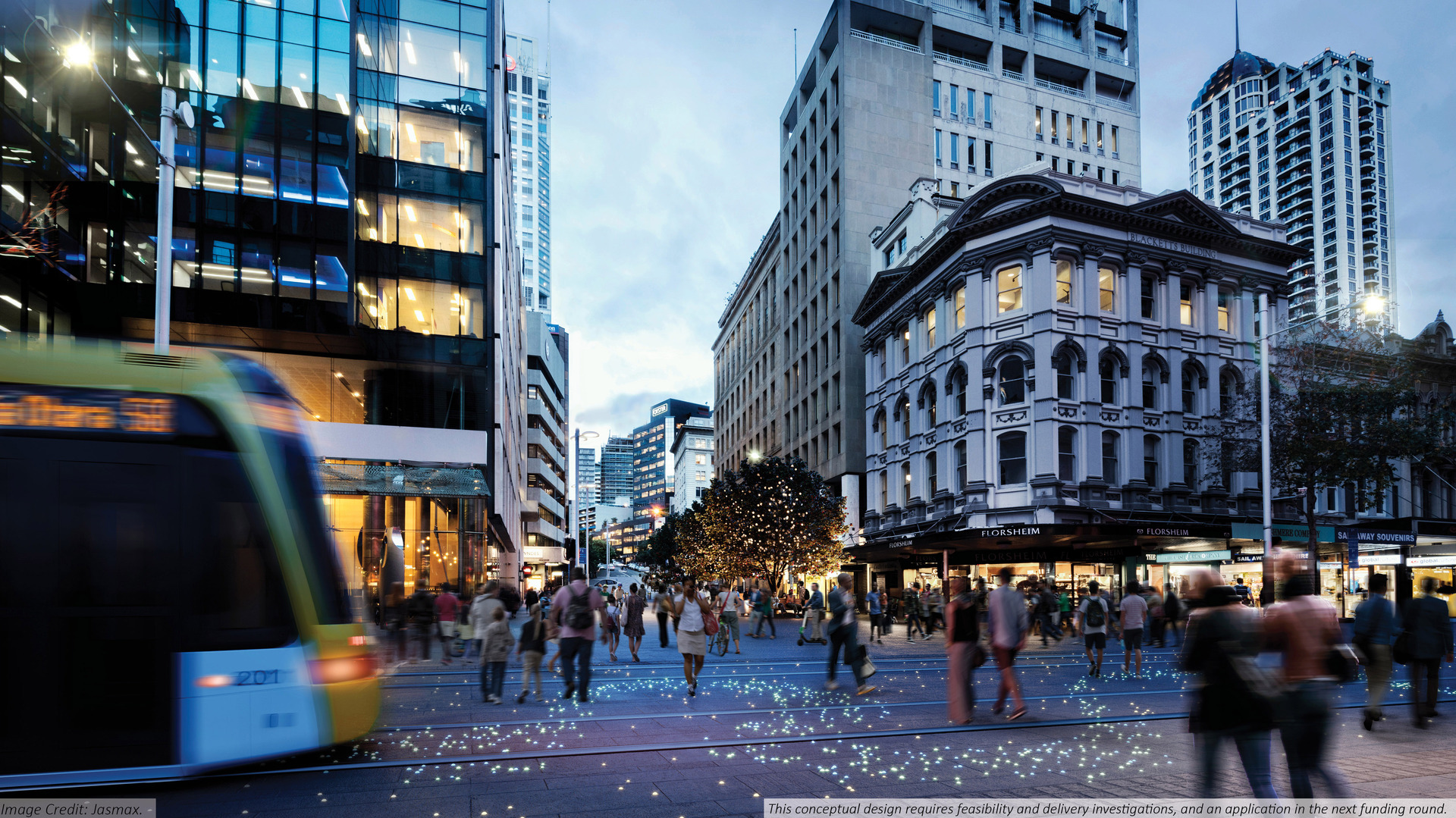 Proposed plaza at the intersection of Queen St and Shortland St, with light rail but no bike lanes. Photo / Supplied