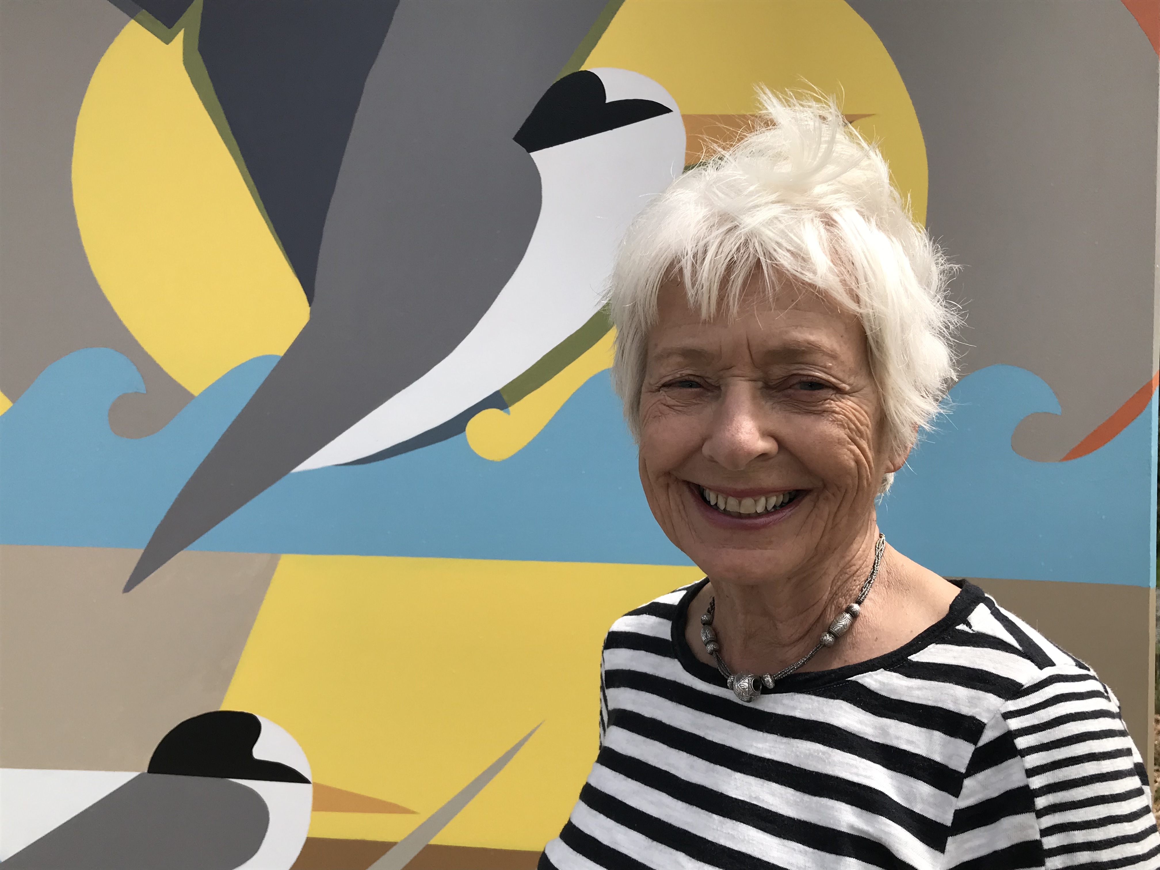 New Zealand Fairy Tern Charitable Trust convenor Heather Rogan in front of Mangawhai’s new harbourside Lincoln Rd loos, which feature a mural by local artists depicting the tiny endangered bird.