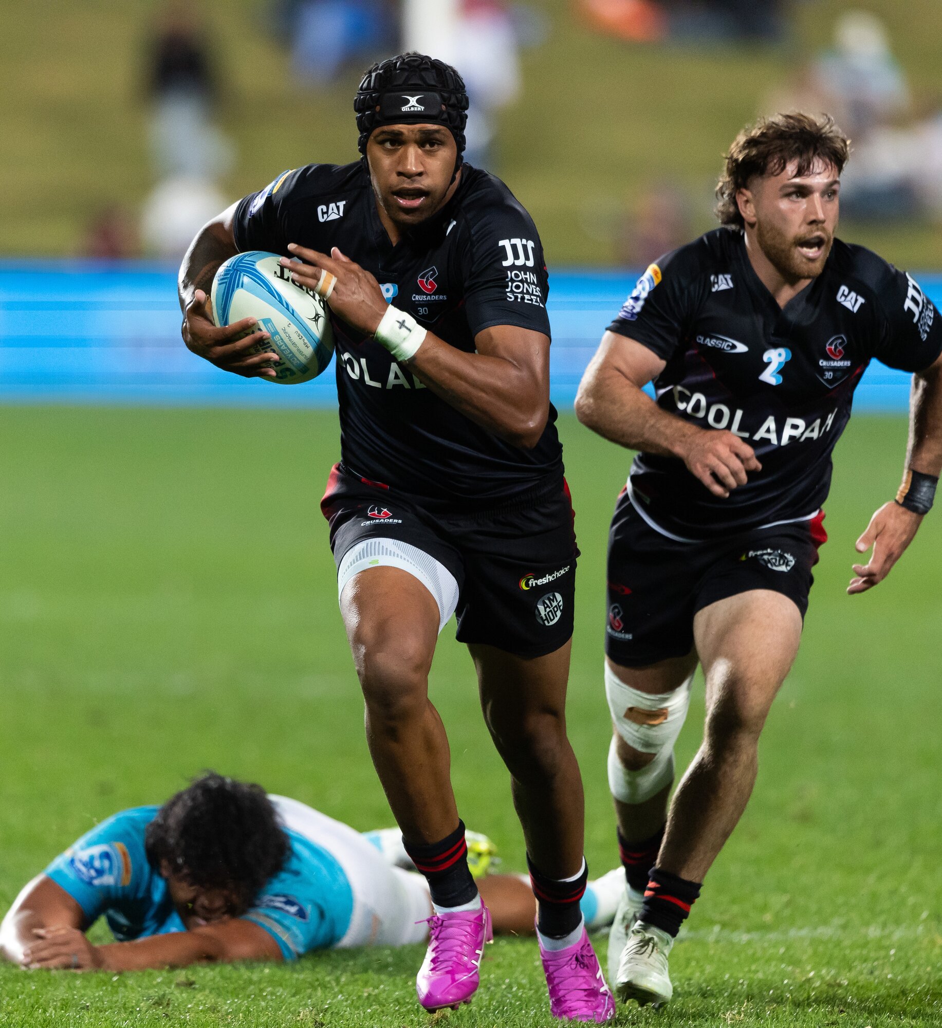 Crusaders winger Chay Fihaki goes over for his second try against Moana Pasifika. Photo / Photosport