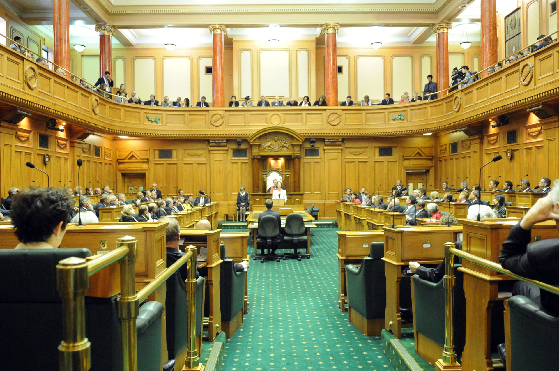 A view of the debating chamber with the Press Gallery sitting directly above the Speaker's chair. Photo / NZPA, Ross Setford