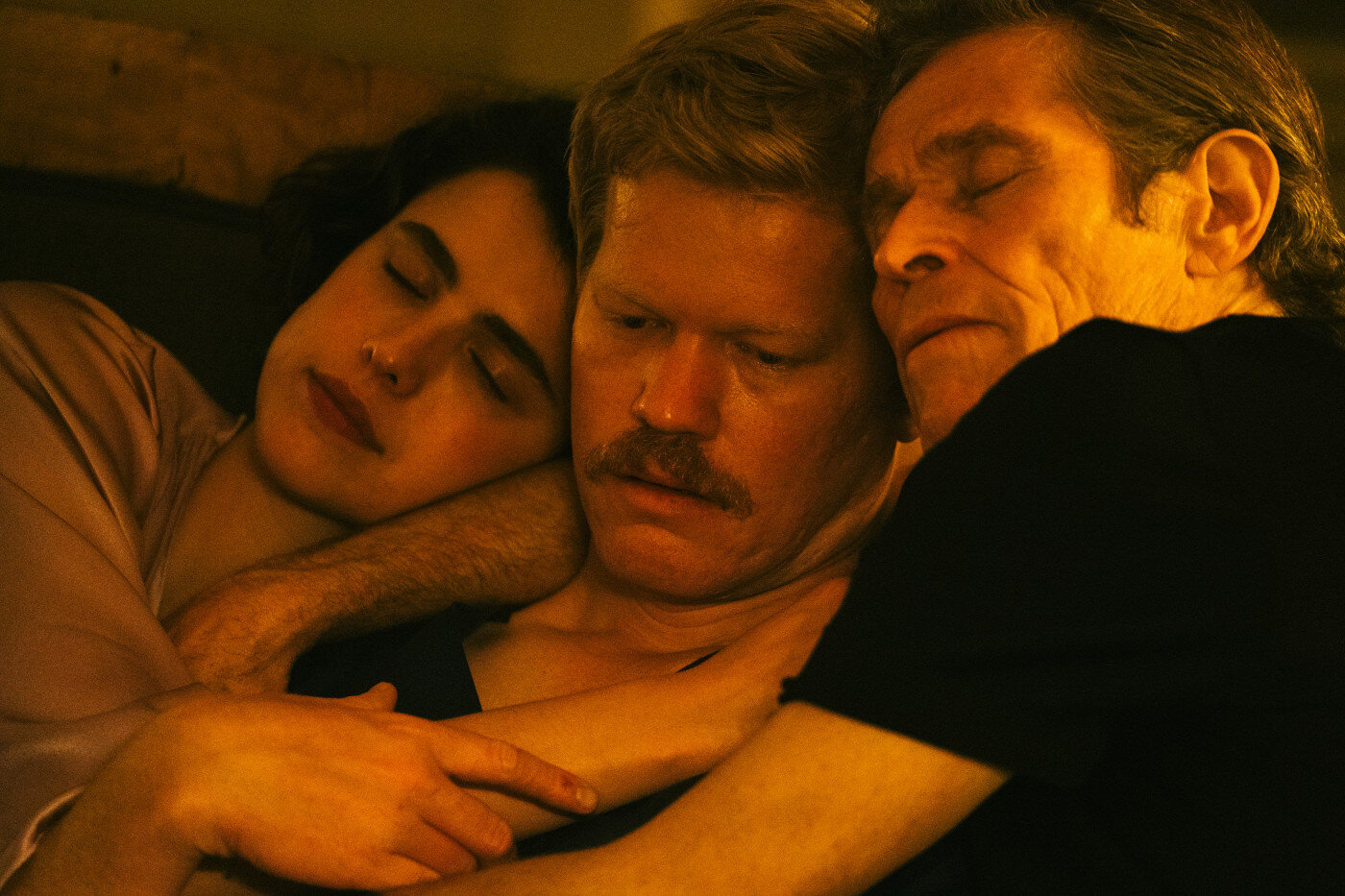 Margaret Qualley with Plemons and Dafoe in the film, which is composed of three separate stories.