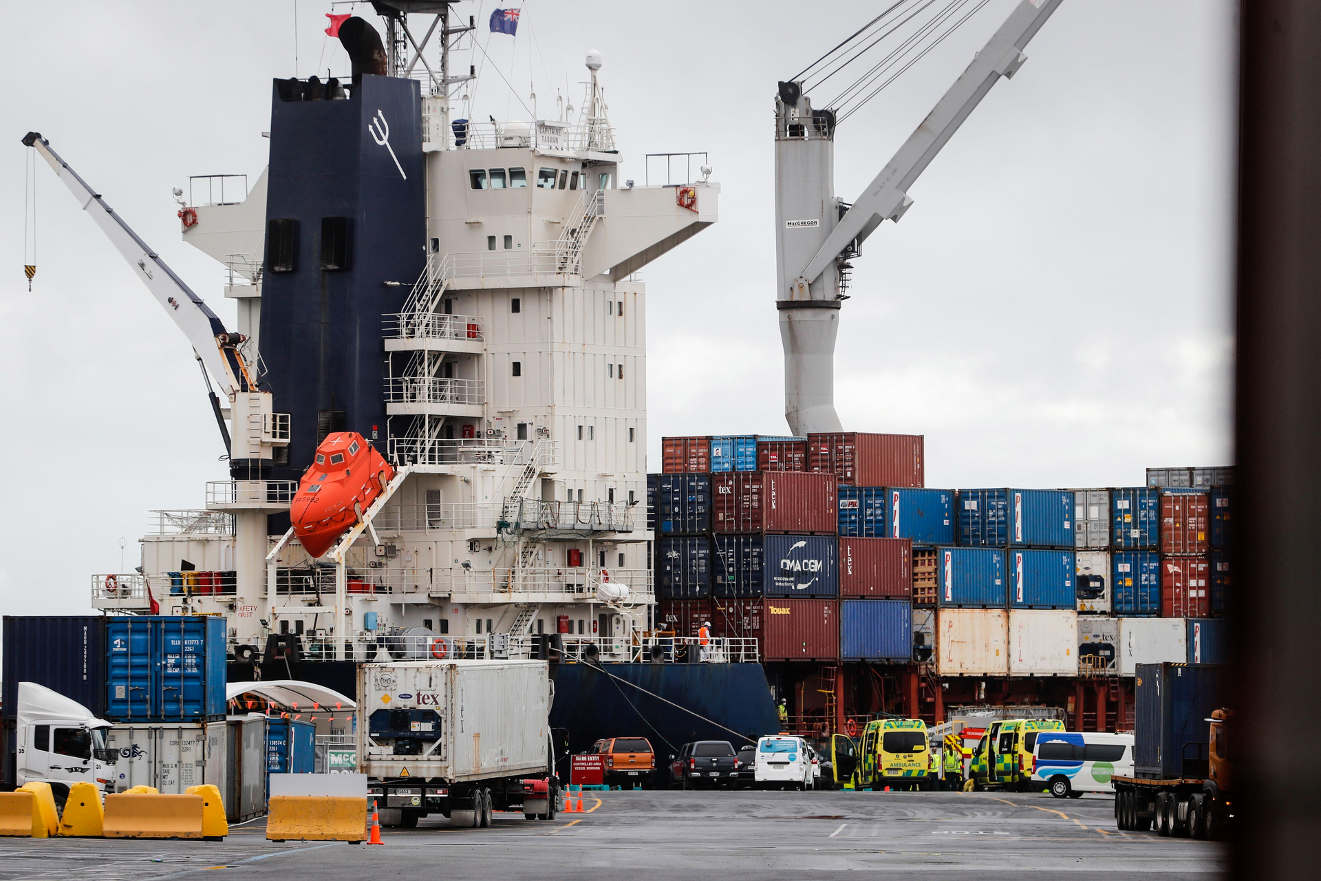 The port worker was killed after falling from height at Ports of Auckland on Tuesday. Photo / Dean Purcell 
