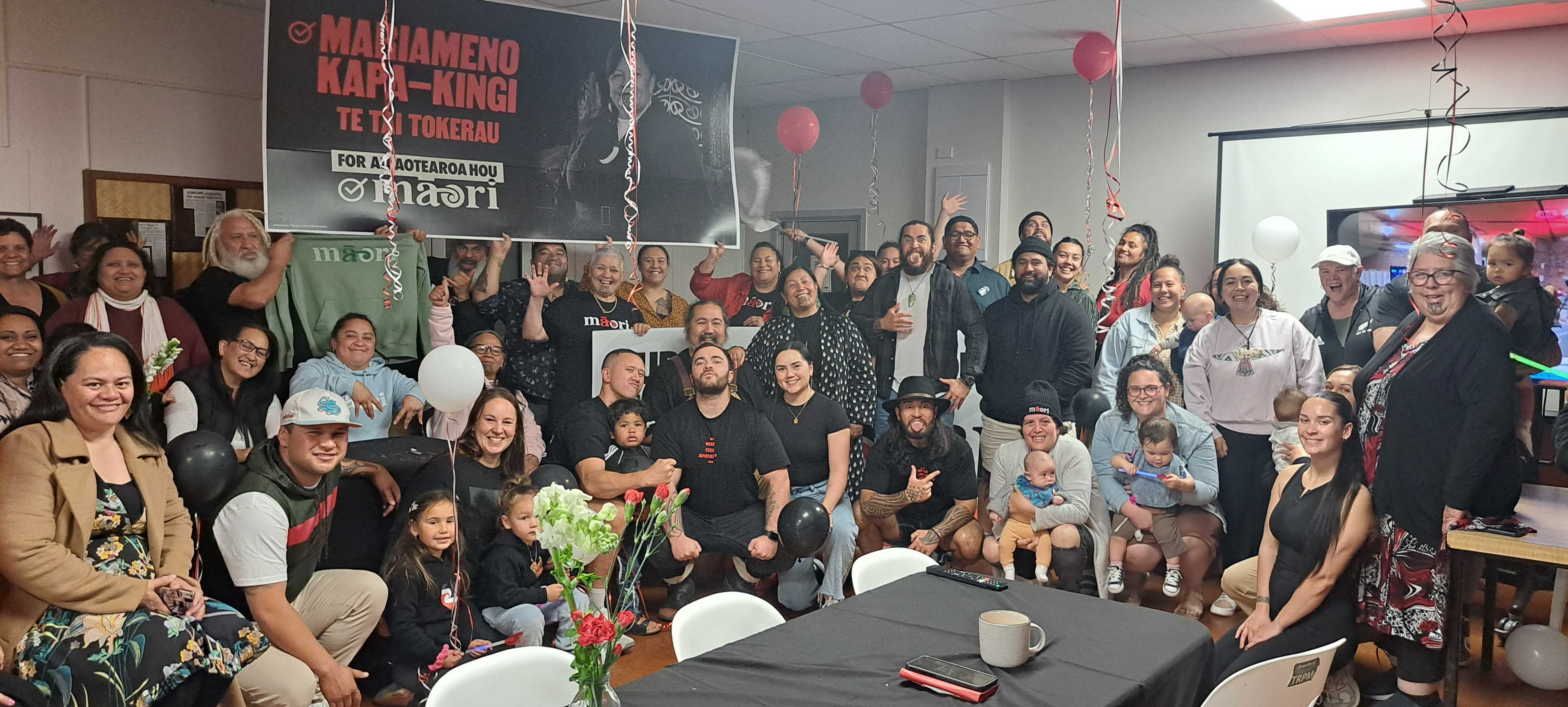 A cheer erupts as the polls show Te Pāti Māori's Mariameno Kapa-Kīngi in the lead of the Te Tai Tokerau electorate. Photo / Brodie Stone