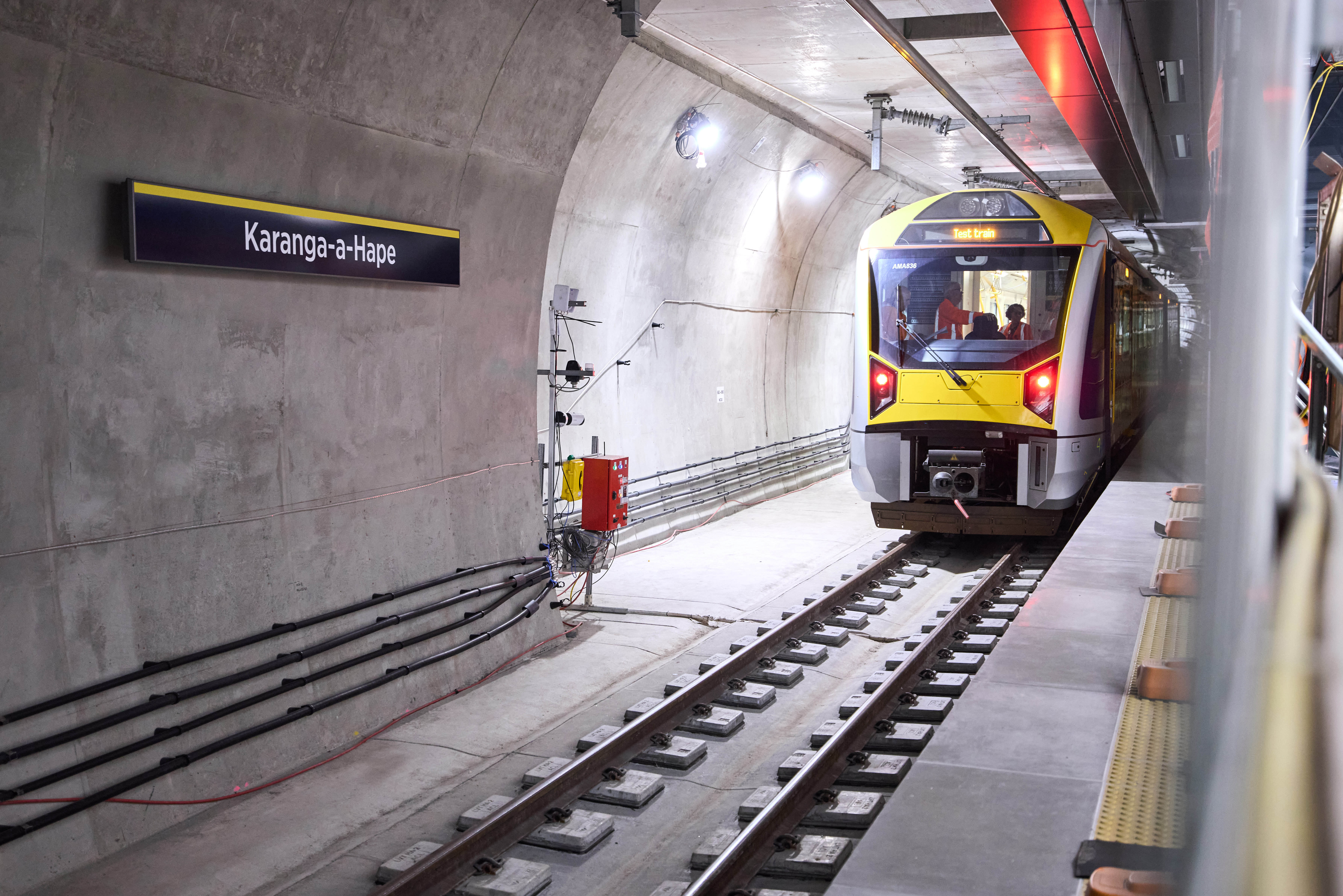 The first train at the new Karanga-a-Hape undergroiund station last night.