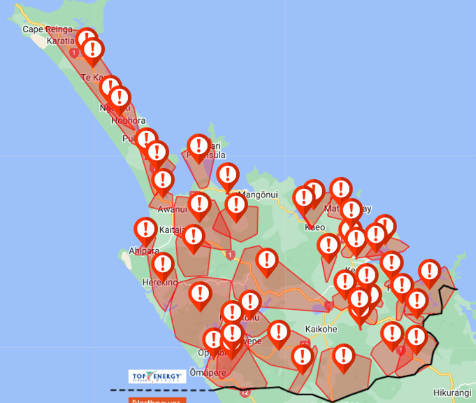Power outages resulting from Cyclone Gabrielle, as captured by Top Energy.