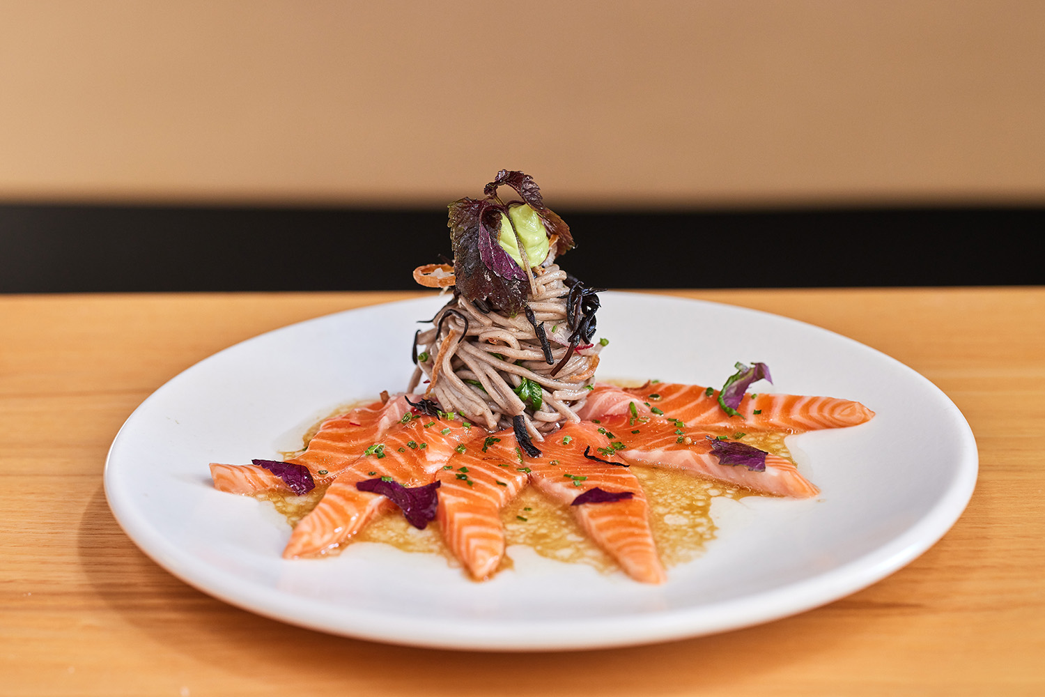 The market fish sashimi, avocado, shiso and bonito dressing. Photo / Babiche Martens