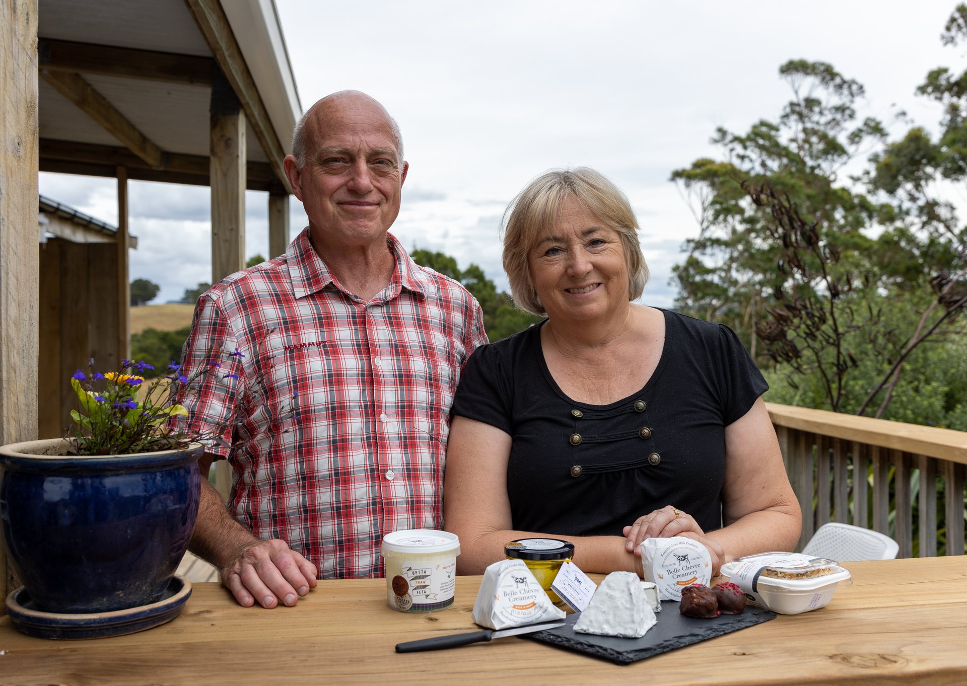 Jennifer and David Rodrigue show their award-winning goat's cheese range. Photo / Donna Russell