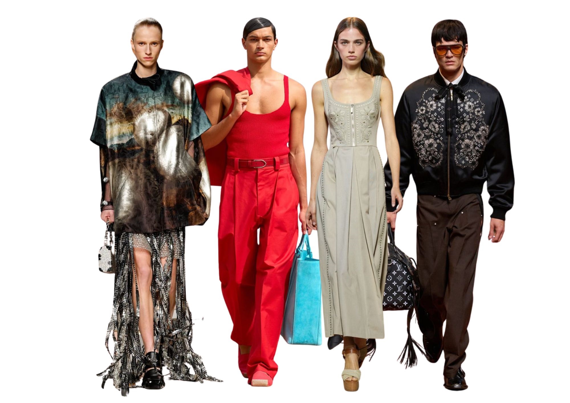 Collective force: New Zealand models made an impact on the runways this year, from left to right: Izzy Cowdell for Louis Vuitton fall 2025, Noah Tumataroa for Jacquemus spring/summer 2025, Grace Cox for Elie Saab spring/summer 2025 and Matthew Lee for fall 2025.