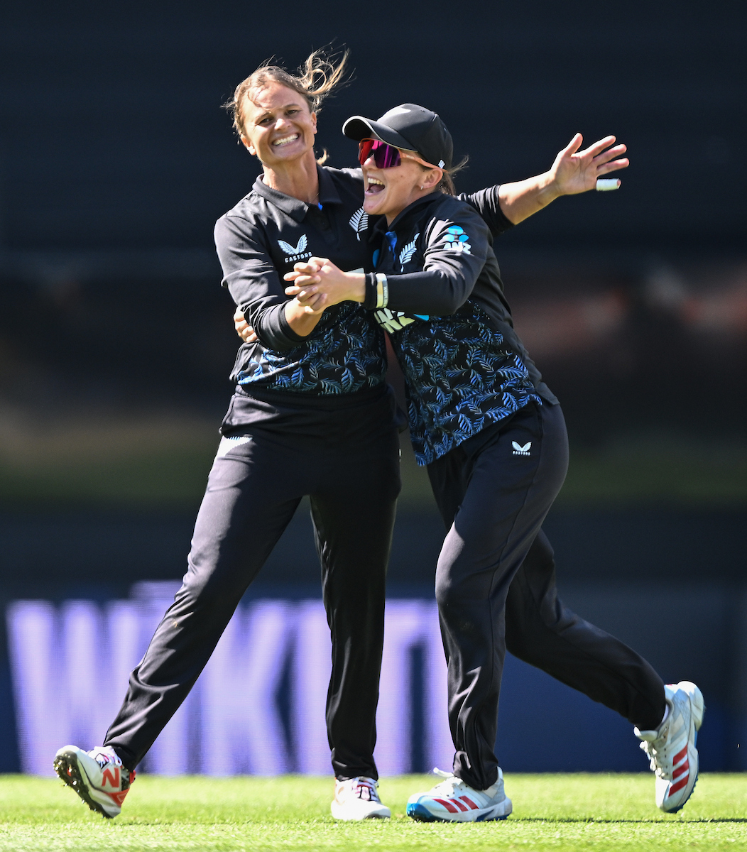 Suzie Bates and Melie Kerr celebrate the wicket of Chloe Tryon. Photo / Photosport