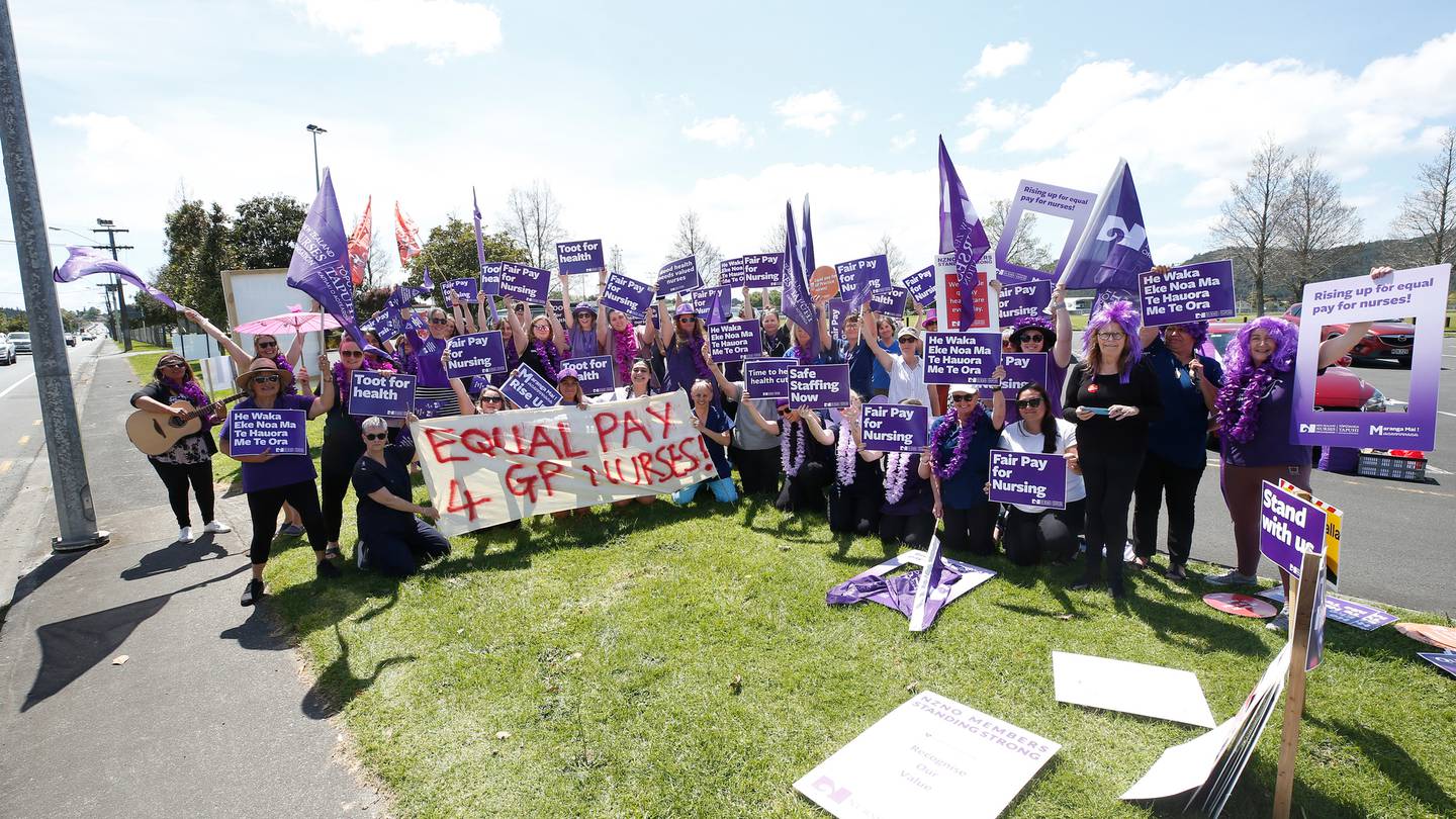 Community nurses gathered in October to protest at being paid less than their Health NZ counterparts. Photo / Michael Cunningham.