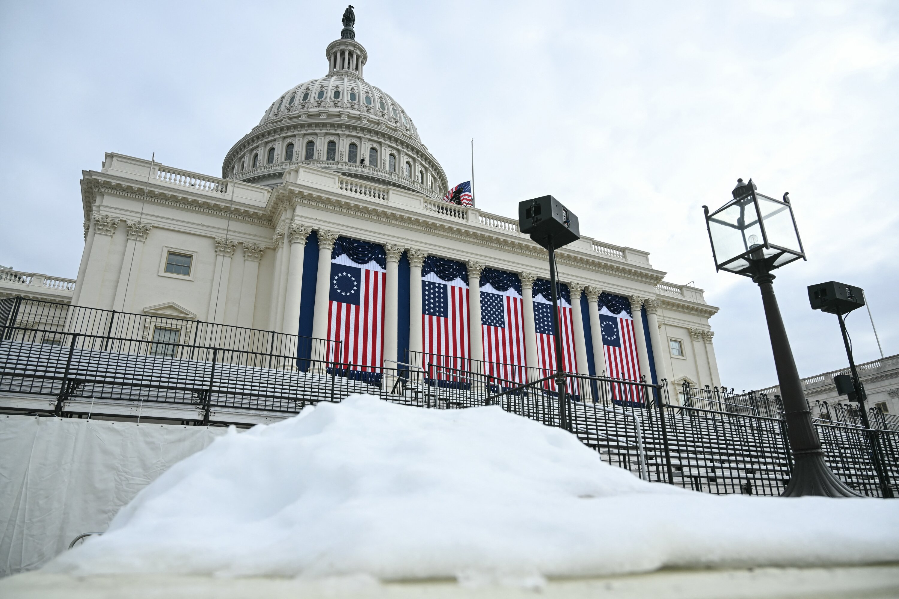 Snow is piled up on the West Front of the US Capitol building. Donald Trump's inauguration as US president will be moved indoors due to expected freezing weather. Photo / AFP