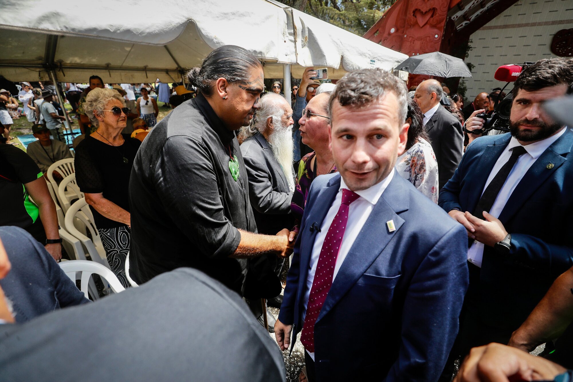 David Seymour after a brief exchange with Aperahama Edwards at the end of the pōwhiri. Photo / Dean Purcell