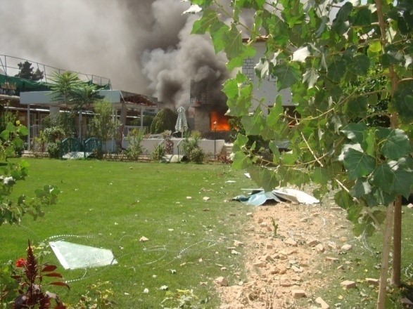 The detonation of a suicide bomber's vest inside the British Council offices in Kabul, Afghanistan, set the building ablaze. Photo / NZDF