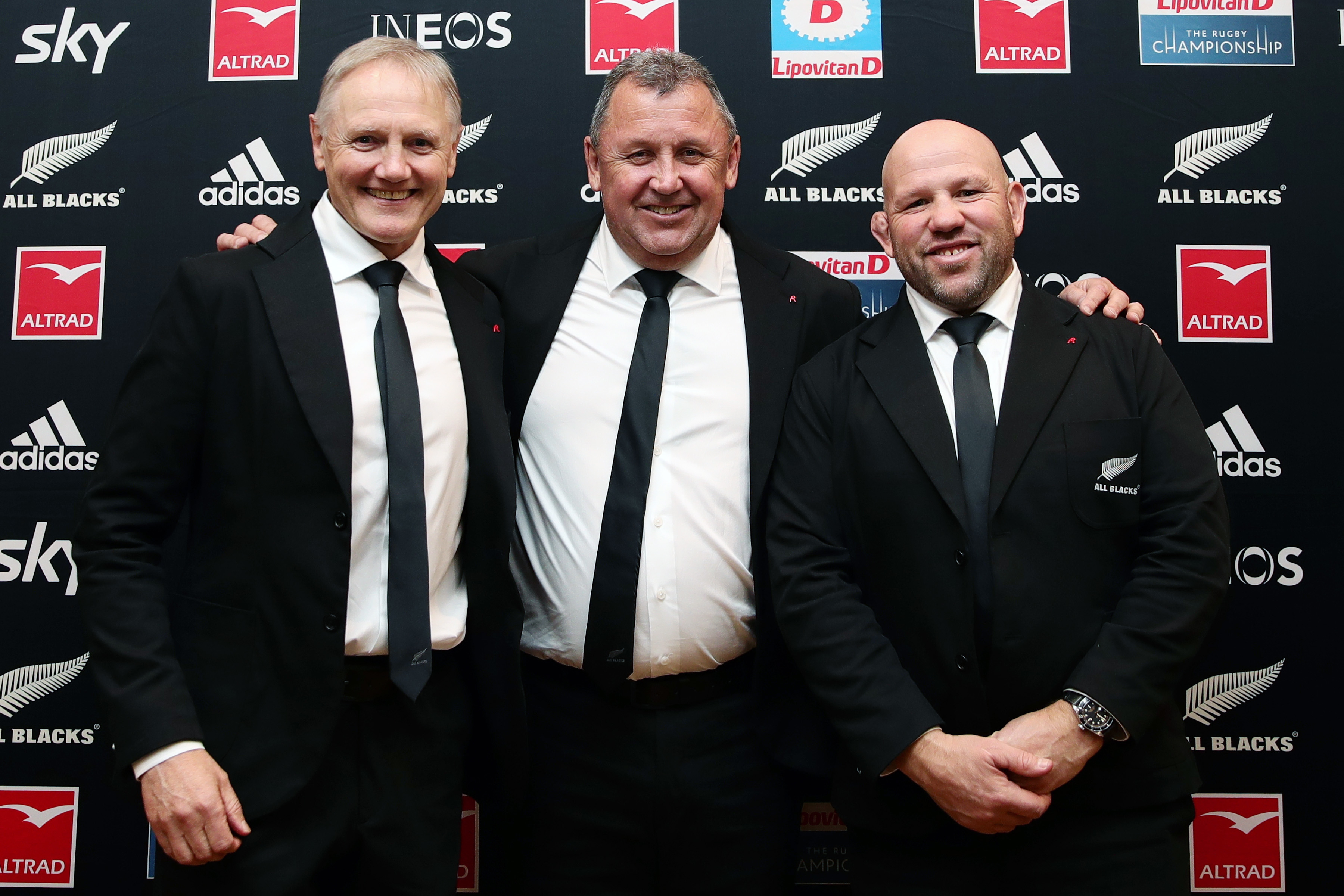All Blacks head coach Ian Foster (centre) with assistants Joe Schmidt (left) and Jason Ryan. Photo / Photosport