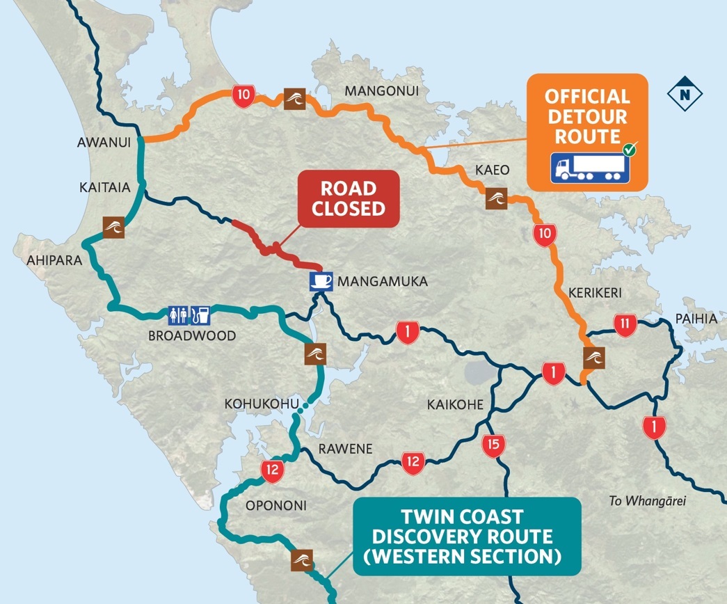 The detour route while SH1 through the Mangamuka Gorge is closed is SH10 via Kerikeri, Kaeo to Awanui and to SH1 Kaitaia. Photo/Supplied