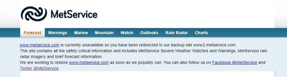 A message on MetService's website this morning. Photo / Screenshot