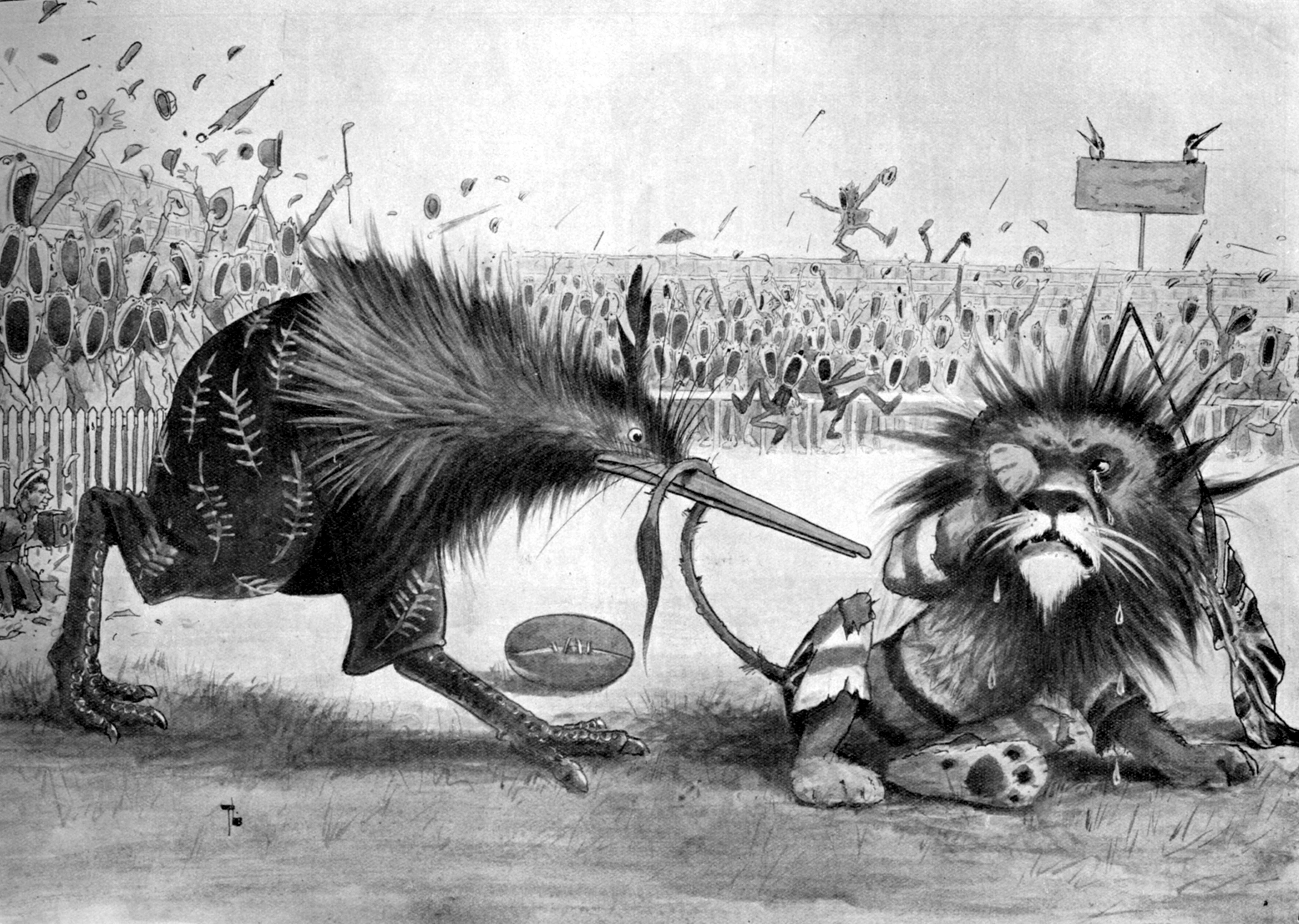 Trevor Lloyd illustration of the result of the third test, Britain v New Zealand, at Alexandra Park, Auckland on 25 July 1908. Photo / NZH Archive