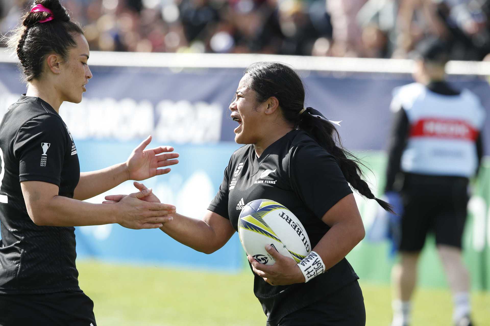 The Black Ferns celebrate a second try. Photo / Michael Cunningham