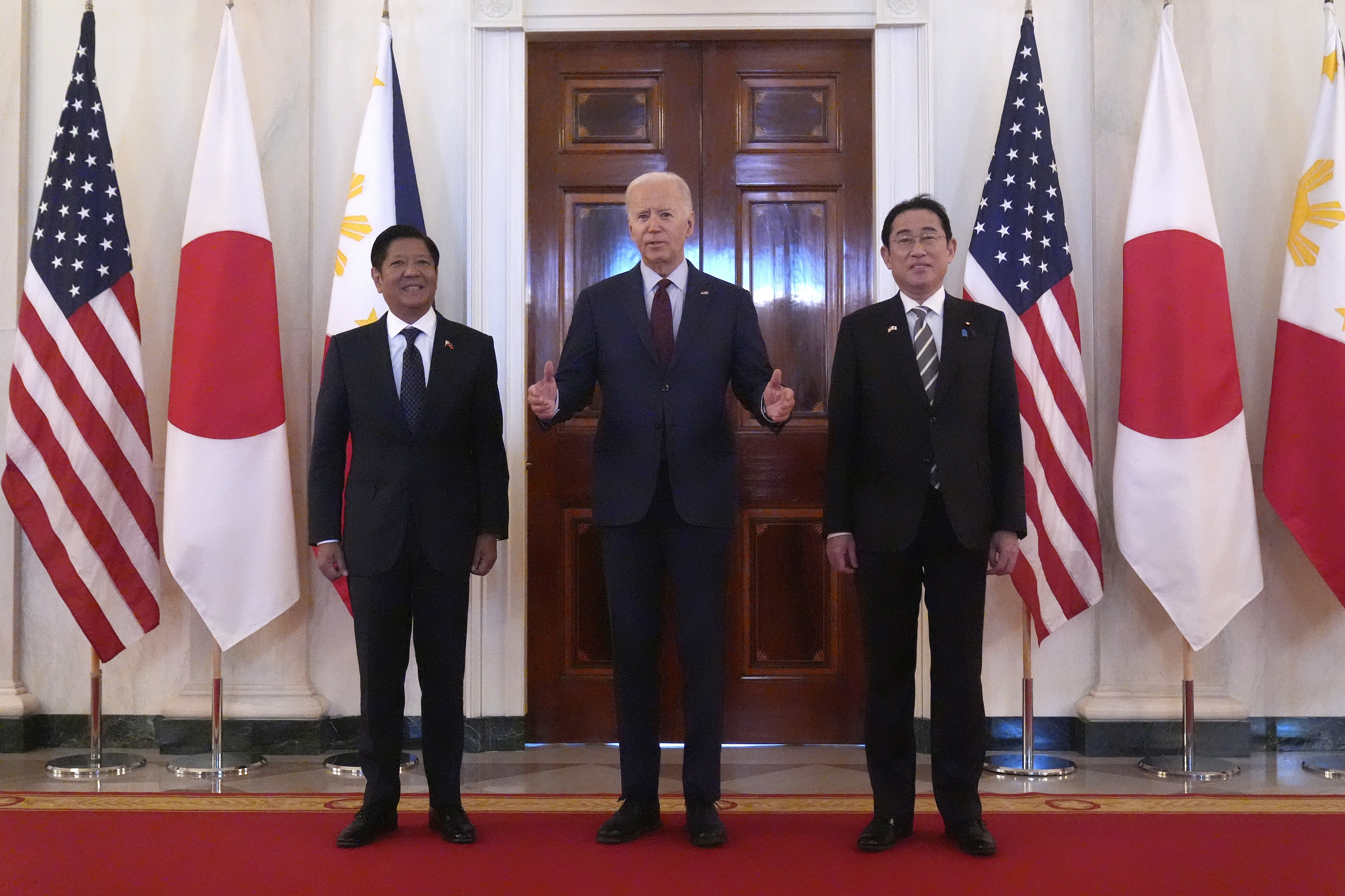 From left, Philippines President Ferdinand (Bongnong) Marcos Jr, US President Joe Biden and Japanese Prime Minister Fumio Kishida in the White House last week. Photo /  AP