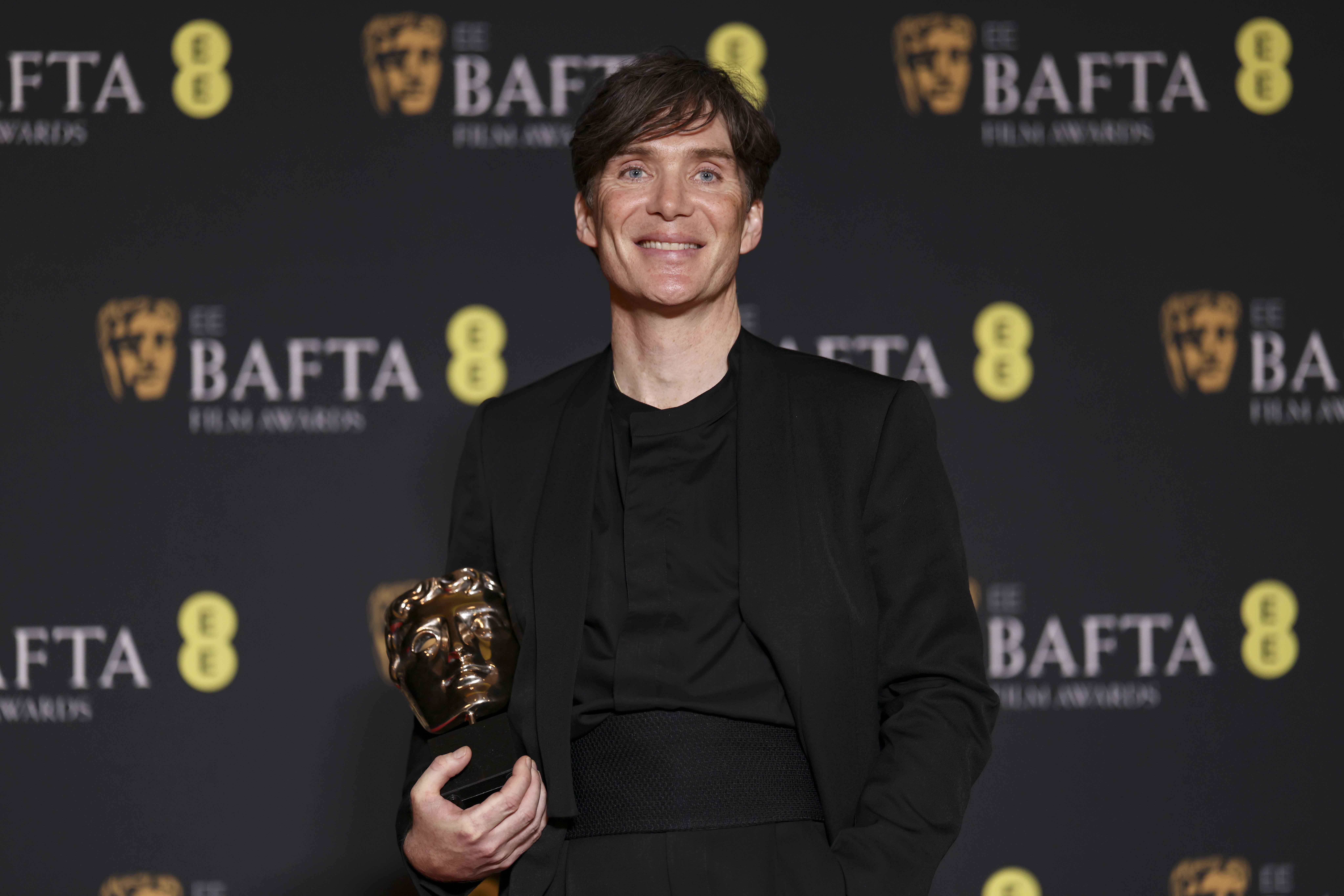 Cillian Murphy, winner of the leading-actor award for Oppenheimer, poses for photographers at the 77th British Academy Film Awards in London on Sunday. Photo / AP