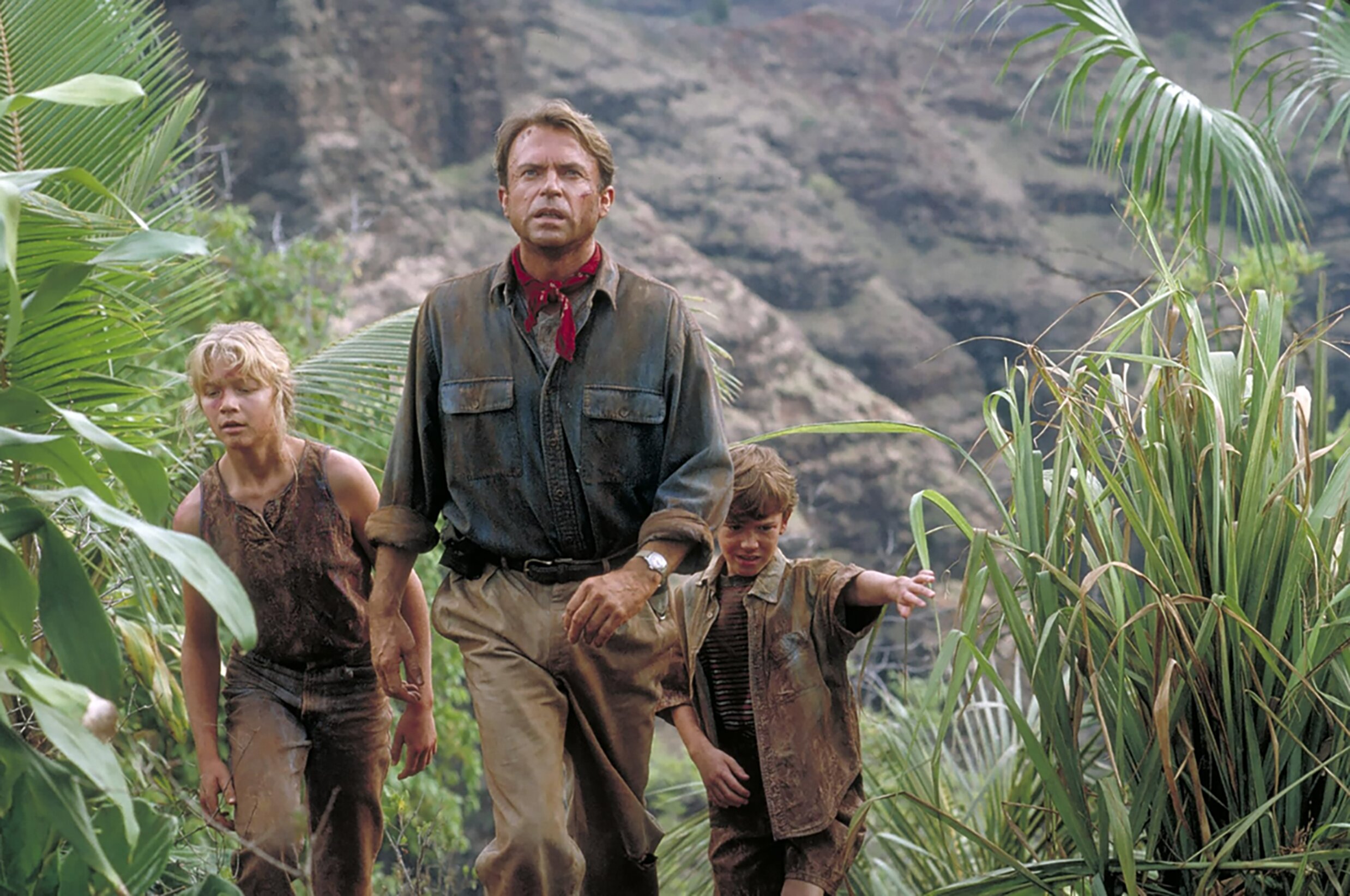 Sam Neill, Ariana Richards and Joseph Mazzello in Jurassic Park (1993).

