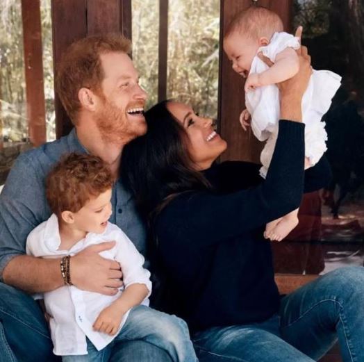 Meghan Markle with her husband Prince Harry and their children, Archie, 3, and Lilibet, 1. Photo / Twitter