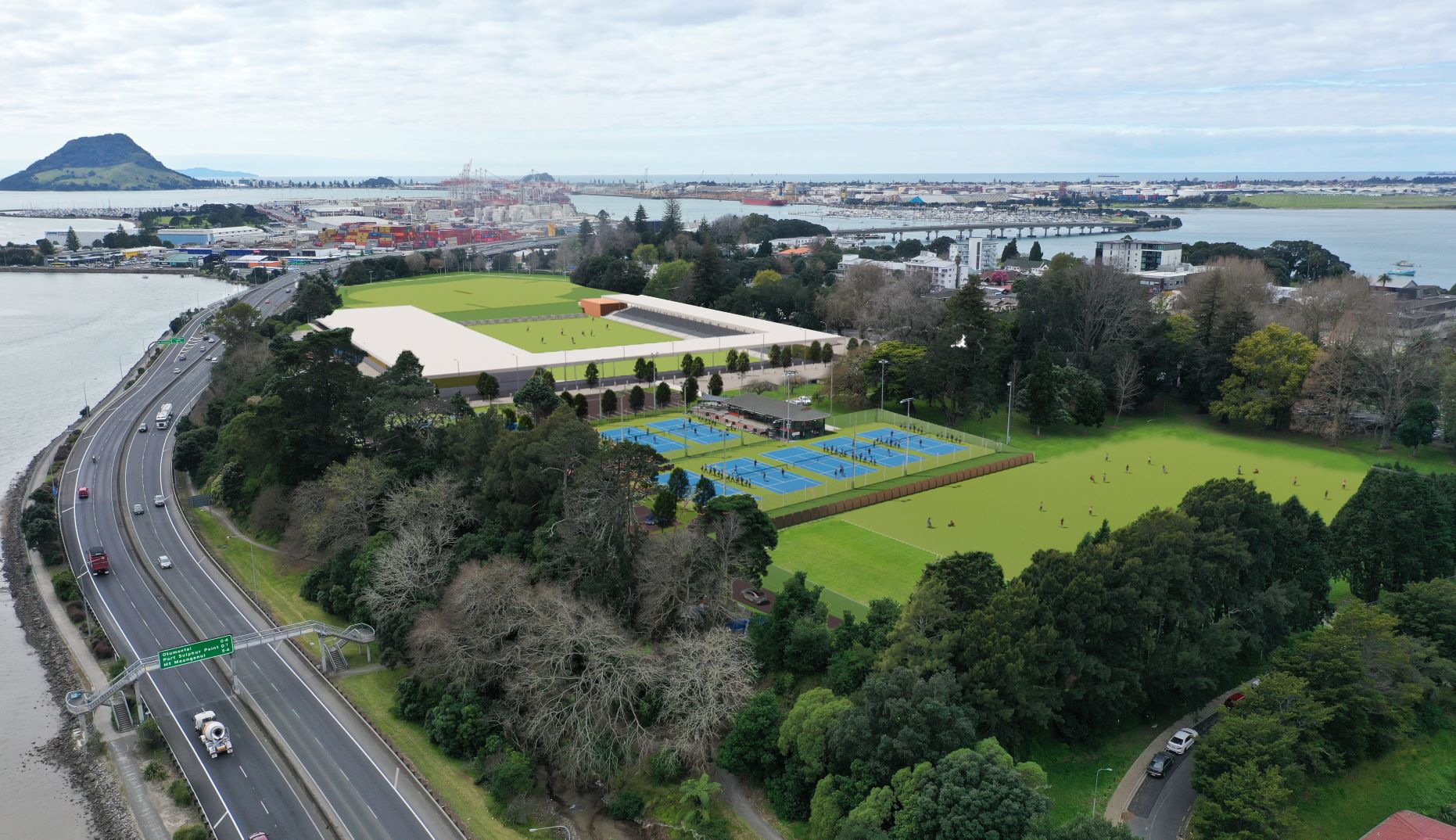 A 3D aerial view perspective of the proposed boutique stadium at Tauranga Domain. Image  / Boffa Miskell and Visitor Solutions.