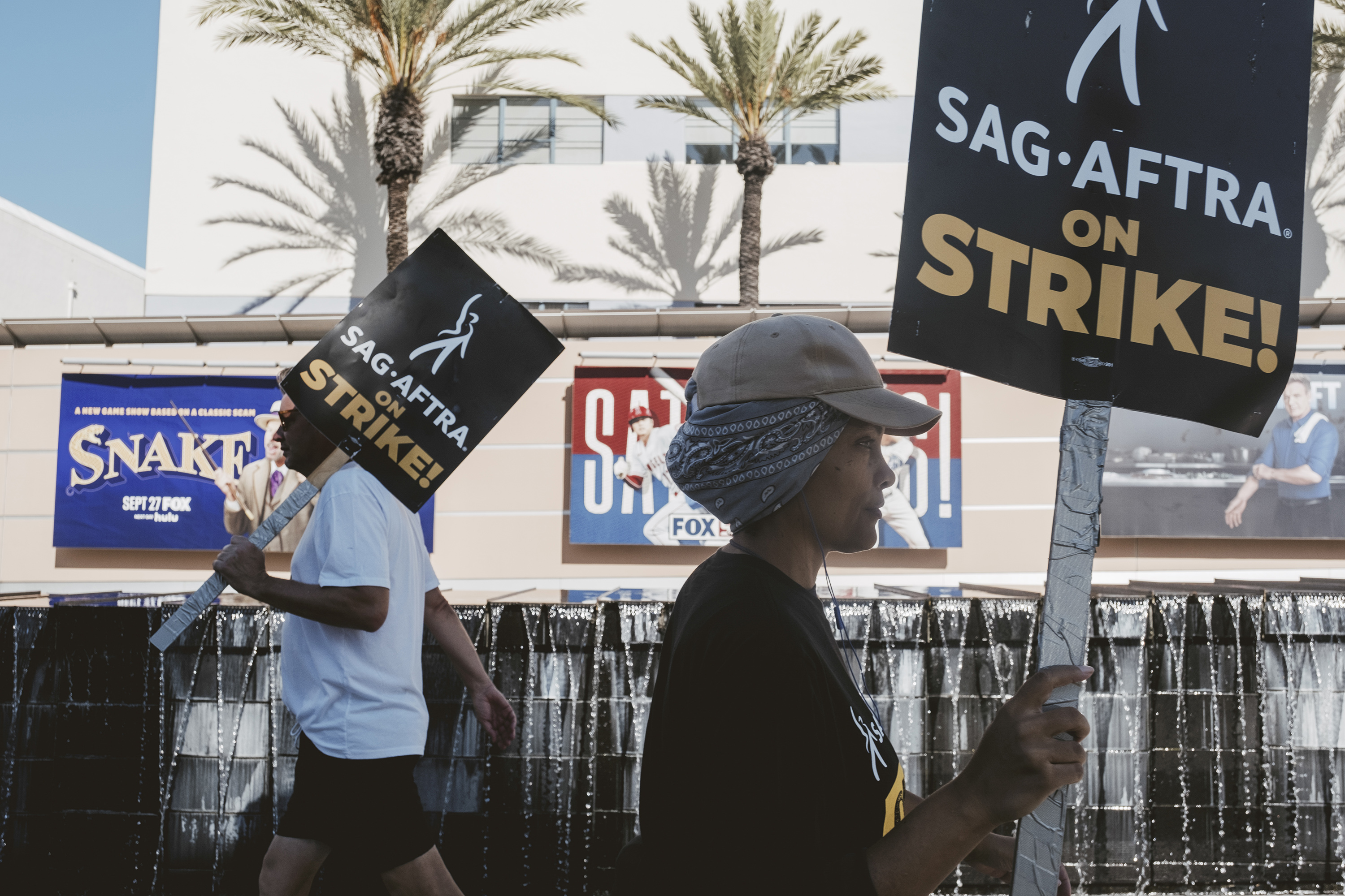 Members of SAG-AFTRA, the actors union, on the picket line outside Fox Studios in Los Angeles. Photo / Mark Abramson (The New York Times)