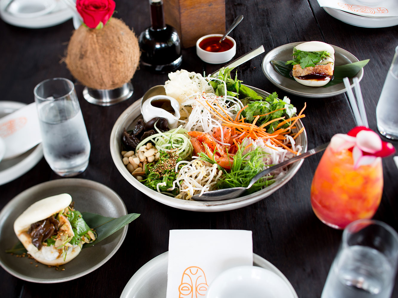 The shared salmon salad with pork and eggplant steamed buns at Blue Breeze Inn. Picture / Babiche Martens