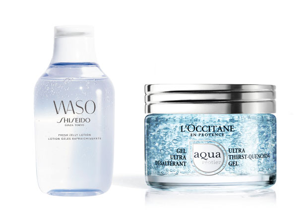 From left: Shiseido Waso Fresh Jelly Lotion, L’Occitane Aqua Reotier Ultra Thirst Quenching Gel. Photos / Supplied 