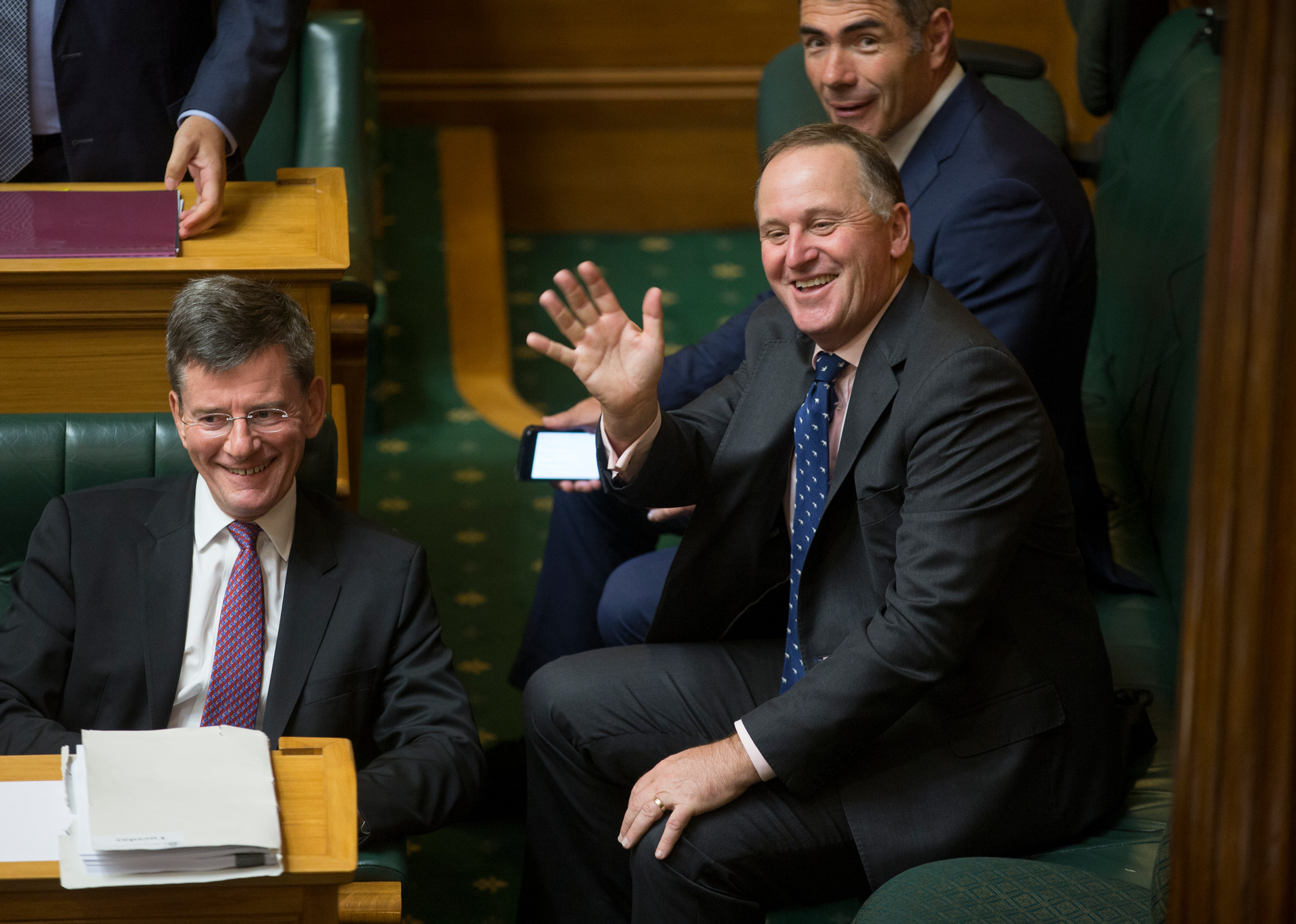 Former Prime Minister John Key with Chris Finlayson in the debating chamber, awaiting the valedictory speech of Bill English. Photo / Mark Mitchell