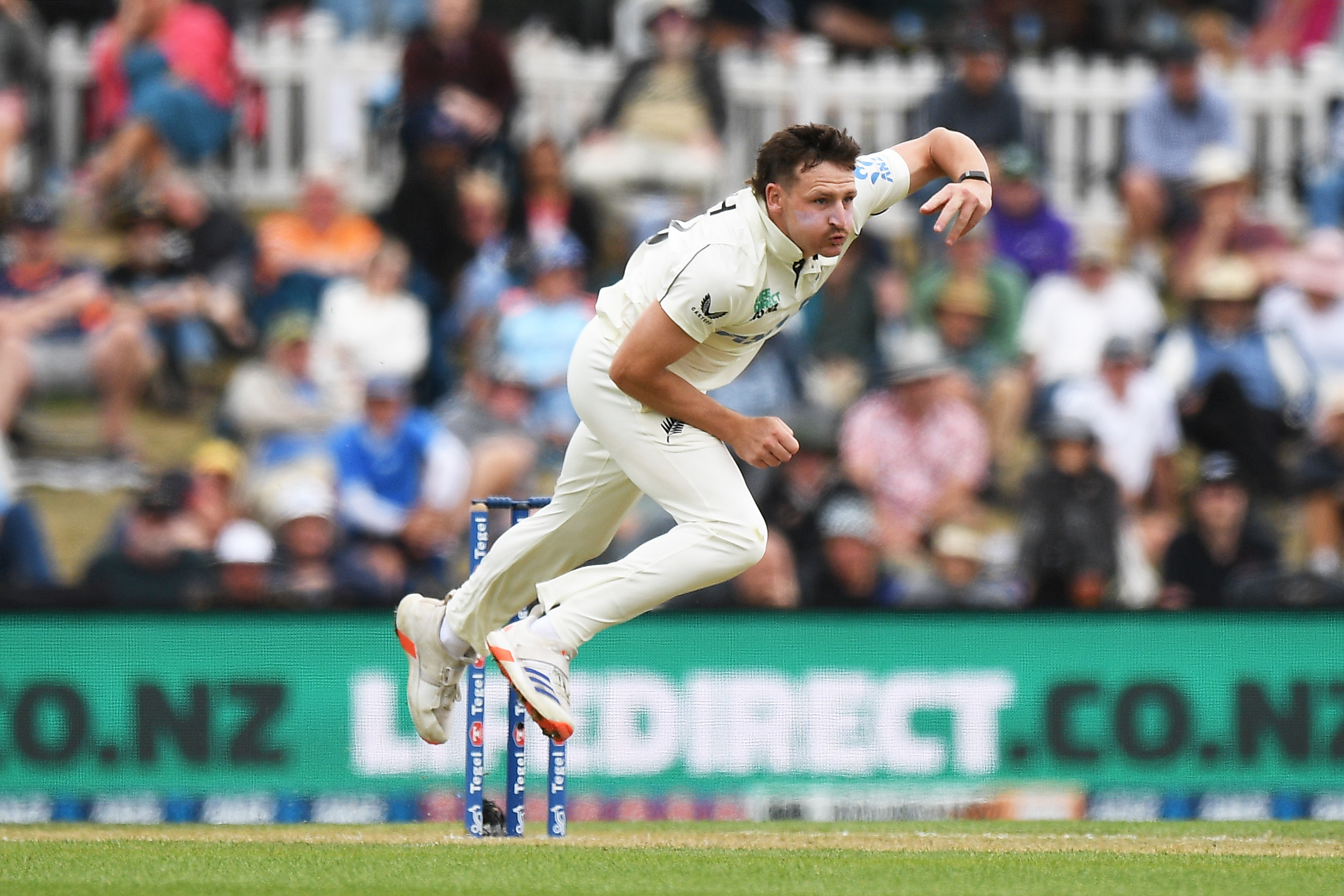Nathan Smith bowls on the second day of the first test. Photo / Photosport