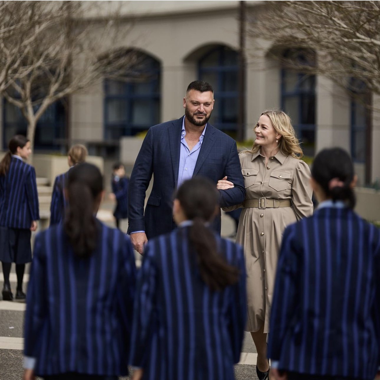 Kenyon and Charlotte Clarke photographed at Diocesan School for Girls in Auckland. The couple's Du Val Foundation sponsored scholarships at the school. 
