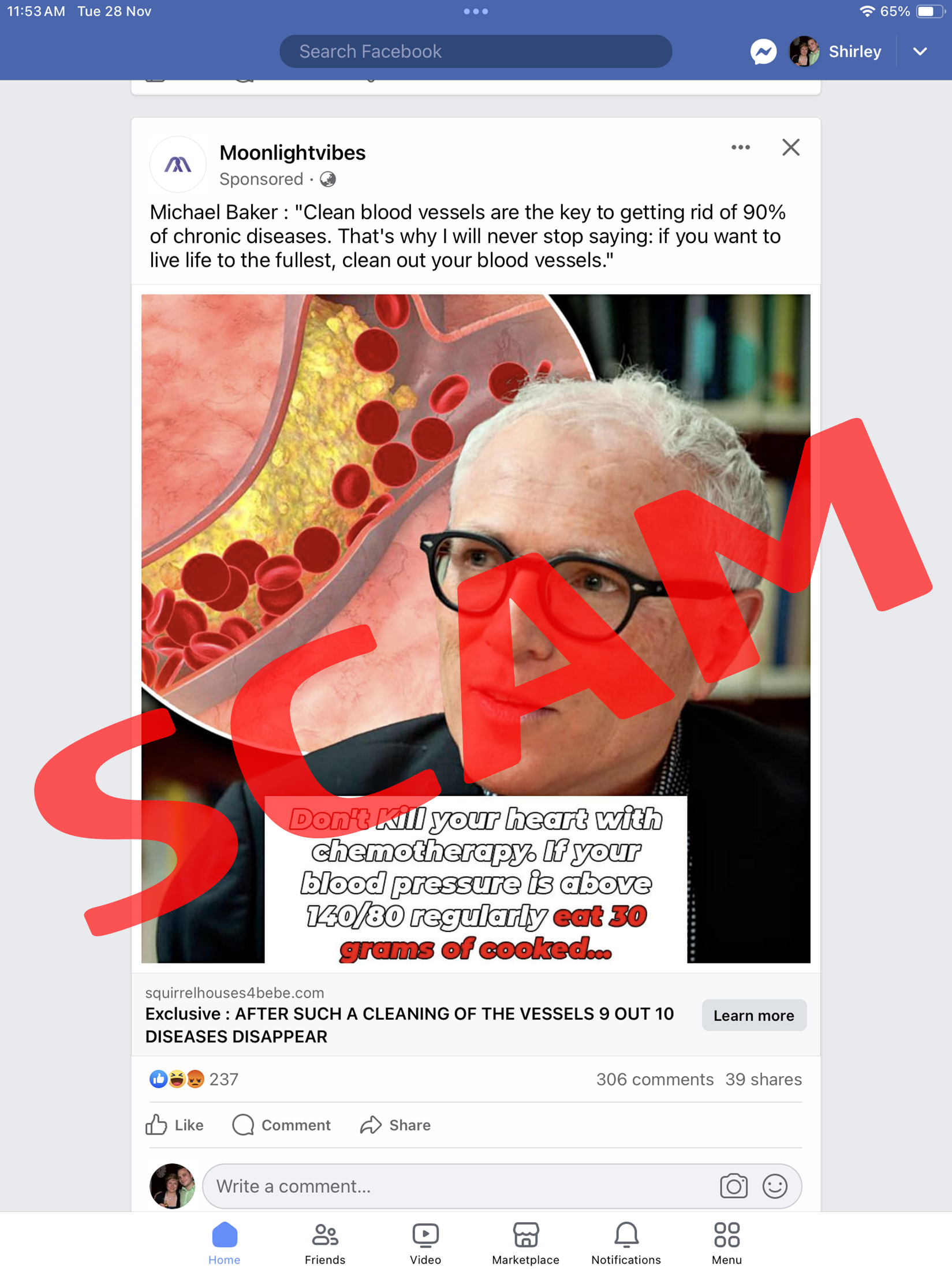 A screenshot of a scam using Michael Baker's likeness. Photo / University of Otago