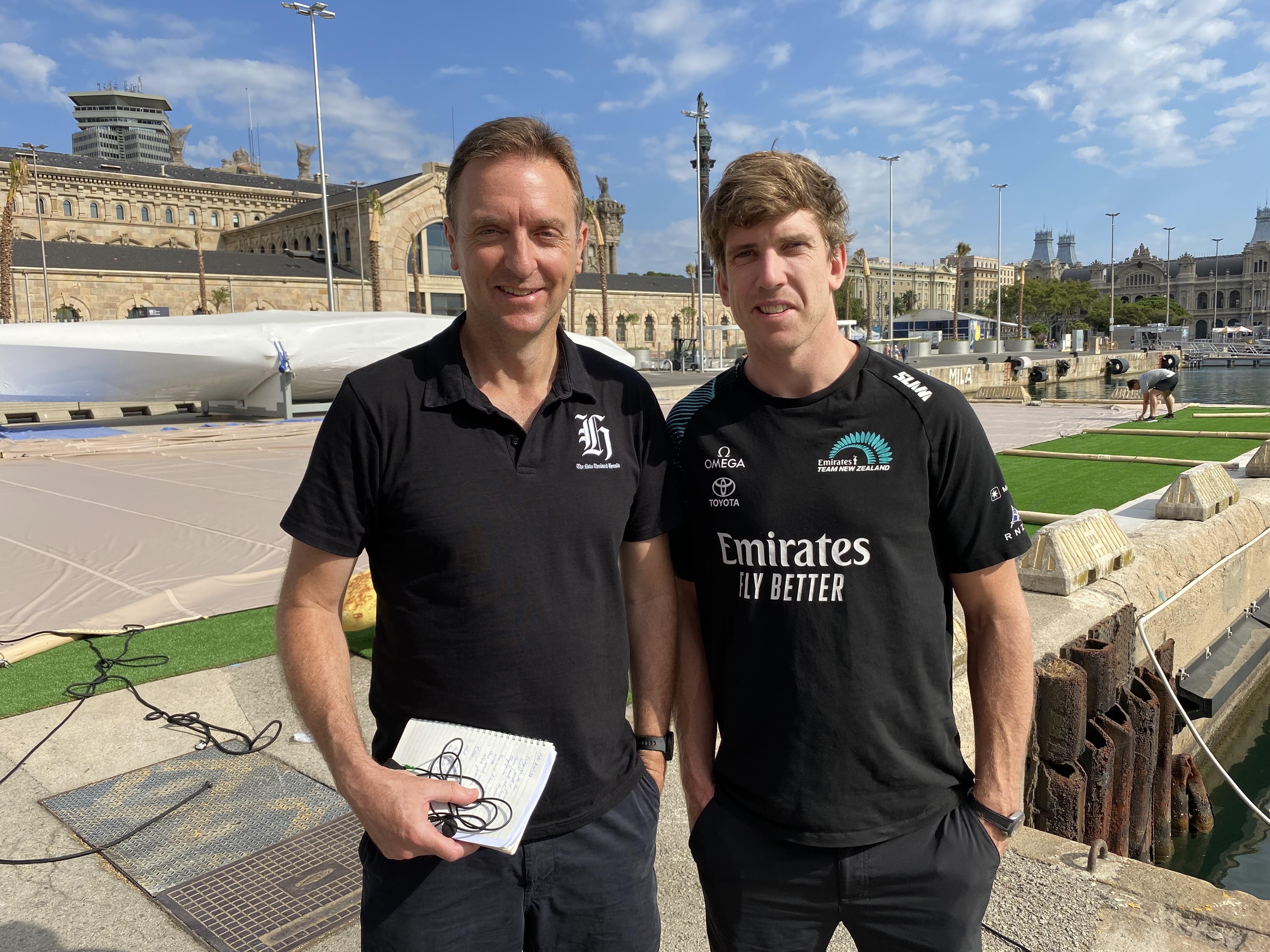 Team New Zealand skipper Peter Burling (right) with NZ Herald reporter Michael Burgess at the team base. Photo / Michael Burgess