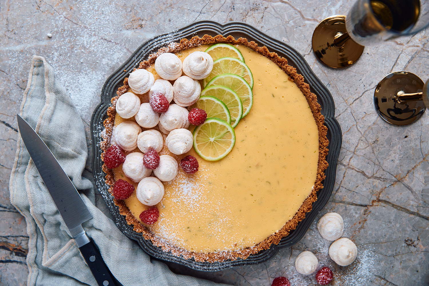 Top this sweet dessert with a smattering of berries and crunchy meringues. Photo / Babiche Martens