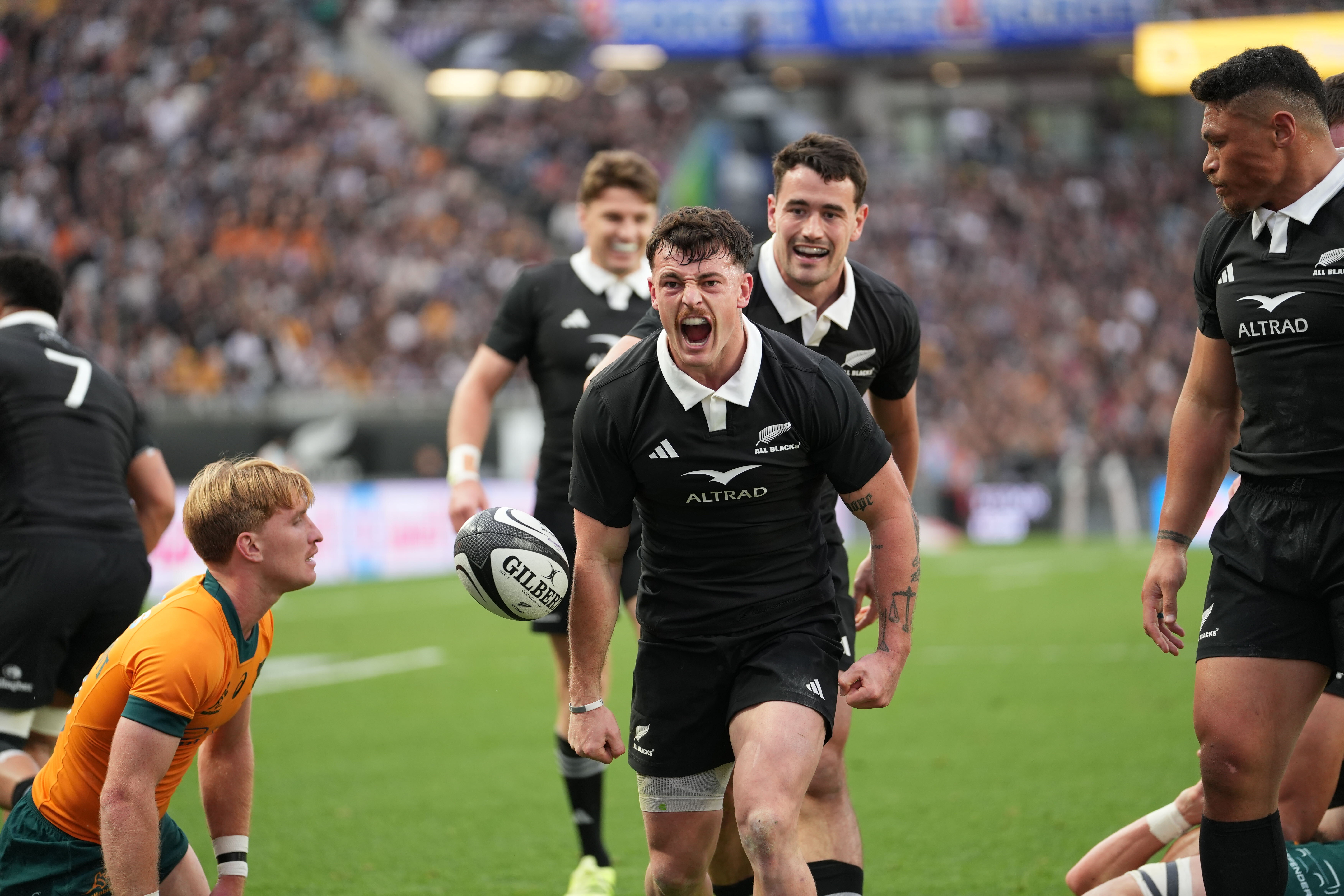 All Blacks winger Leroy Carter celebrates scoring in the Bledisloe Cup test at Eden Park. Photo / Alyse Wright