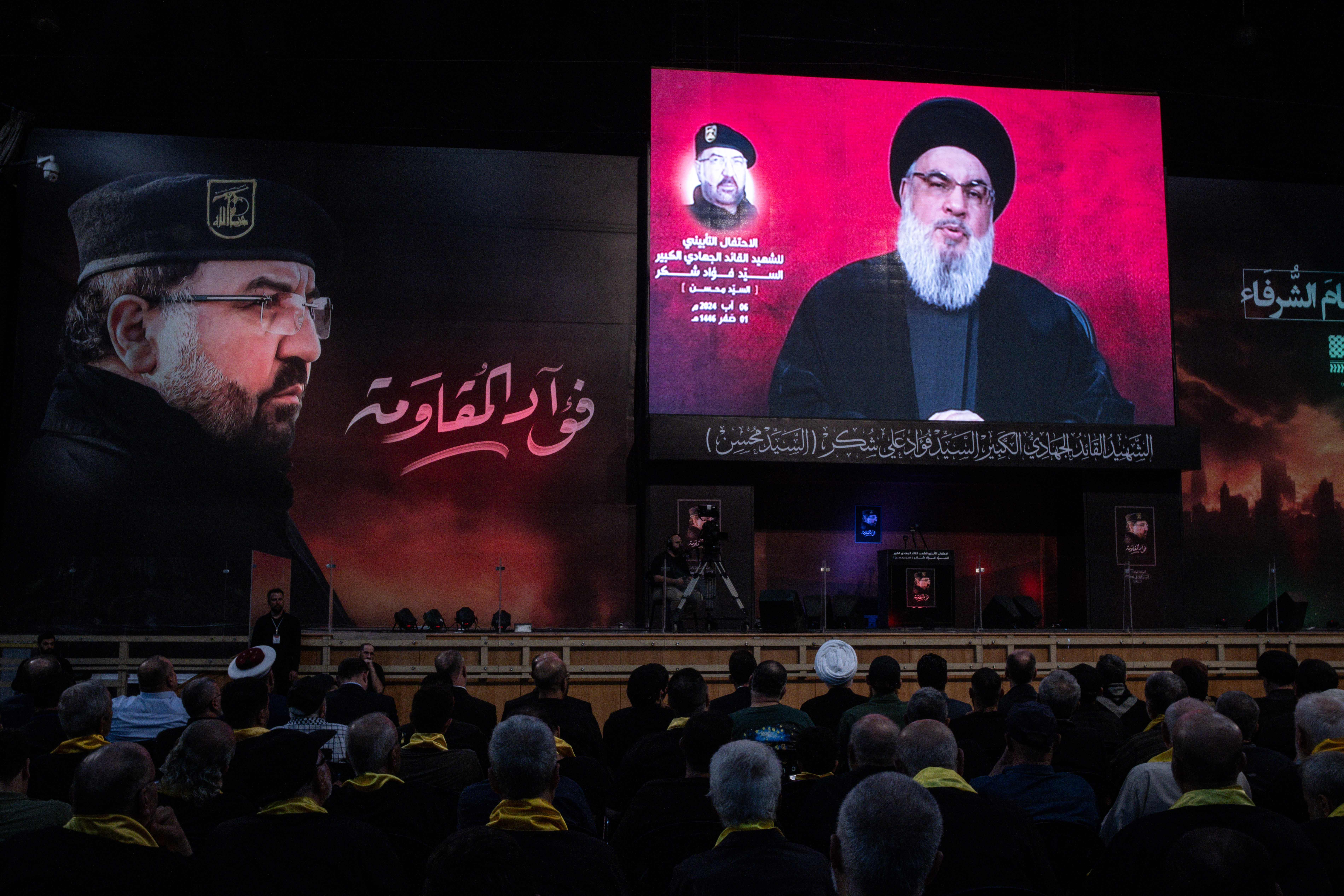 Supporters listen to Hezbollah leader Sayyed Hassan Nasrallah via a video link during a ceremony to mark the first week since the killing of Hezbollah's top commander Fuad Shukr in Beirut, Lebanon. Photo / Getty Images