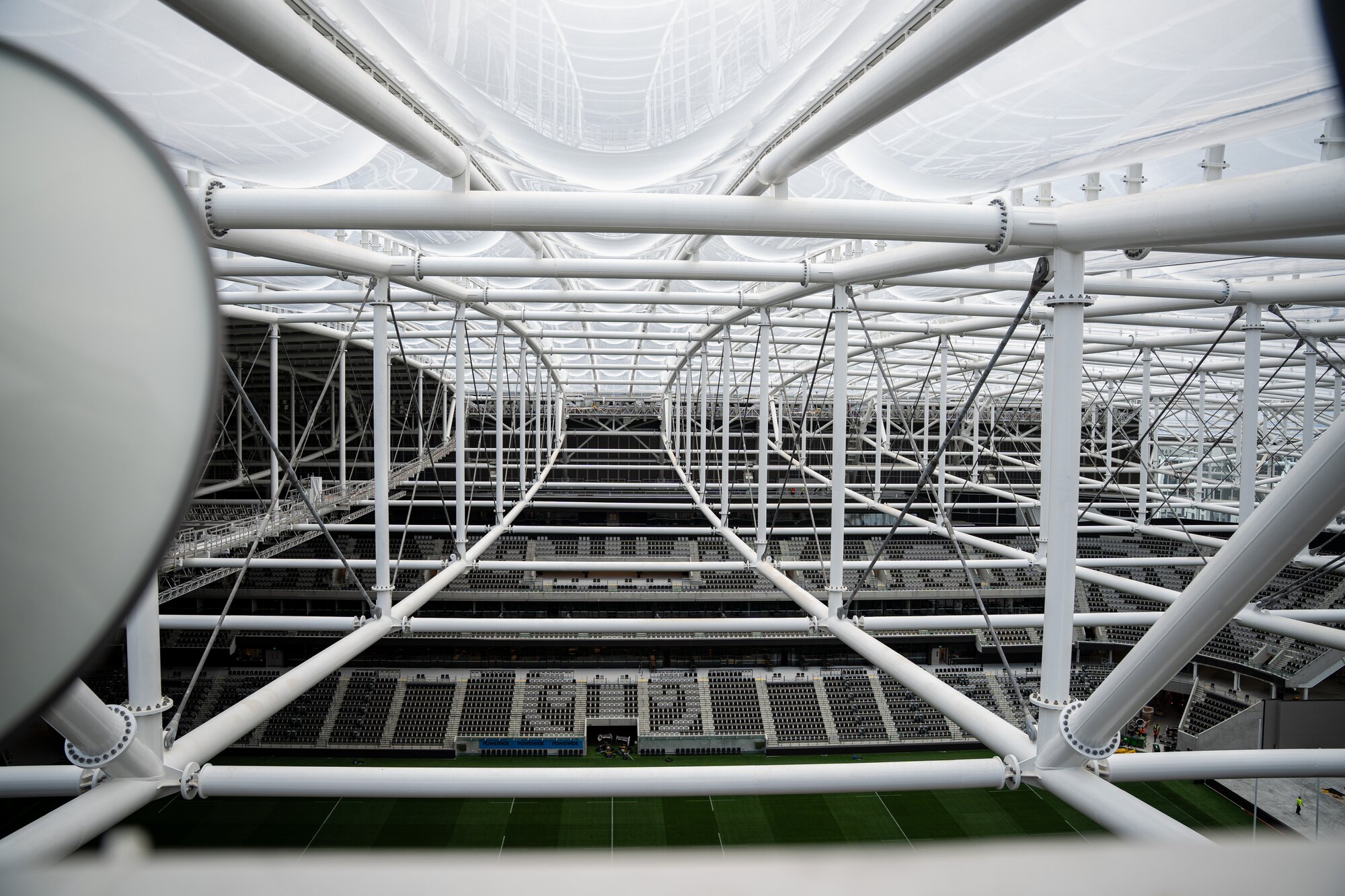 The inflated balloon roof at One NZ Stadium in Christchurch. The clear ethylene tetrafluoroethylene section allows in natural light and will be cleaned annually. Photo / Alyse Wright 