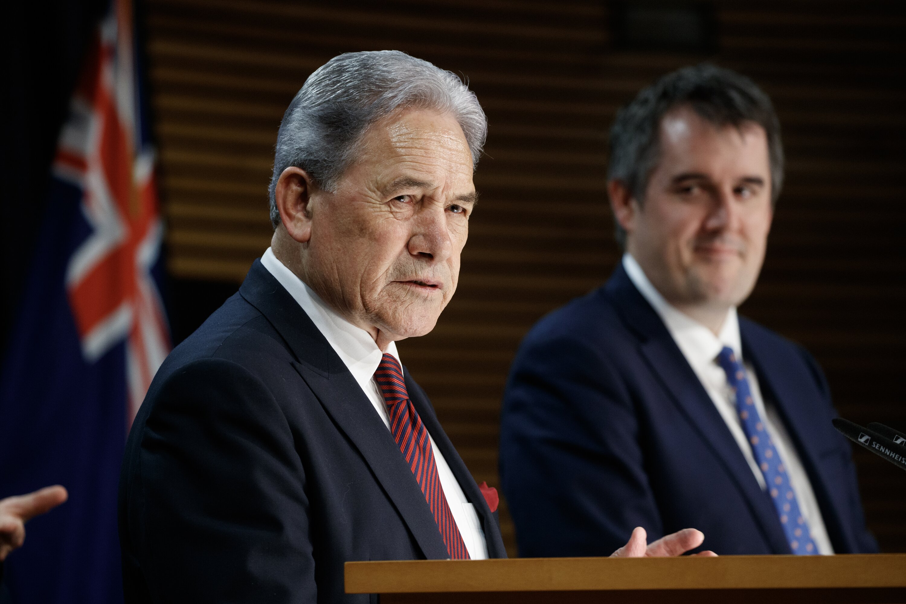 Acting Prime Minister Winston Peters and RMA Reform Minister Chris Bishop during the post-Cabinet press conference. Photo / Mark Mitchell   