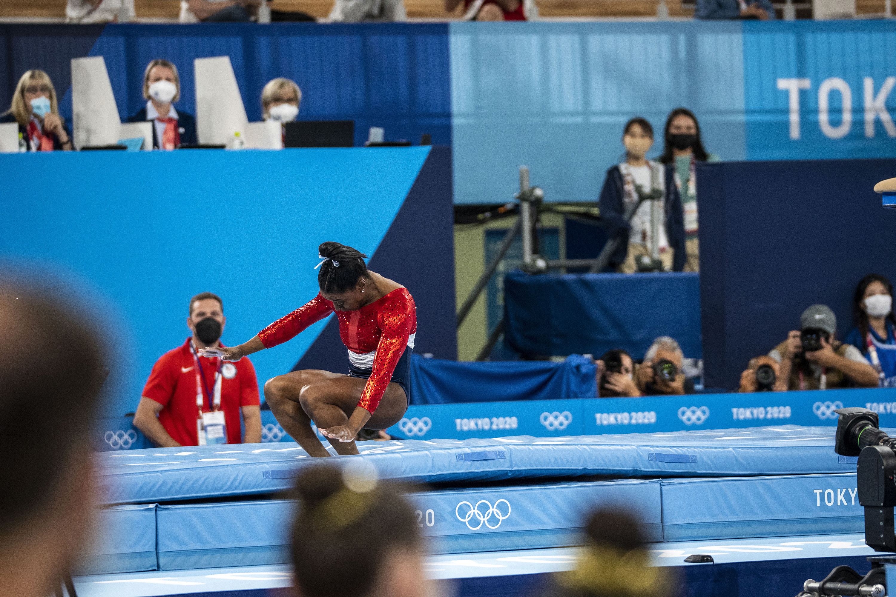 At the Tokyo Games, Biles, suffering from the “twisties,” attempted a simpler vault than she had planned but still lost her balance when she landed. Photo / Doug Mills, The New York Times