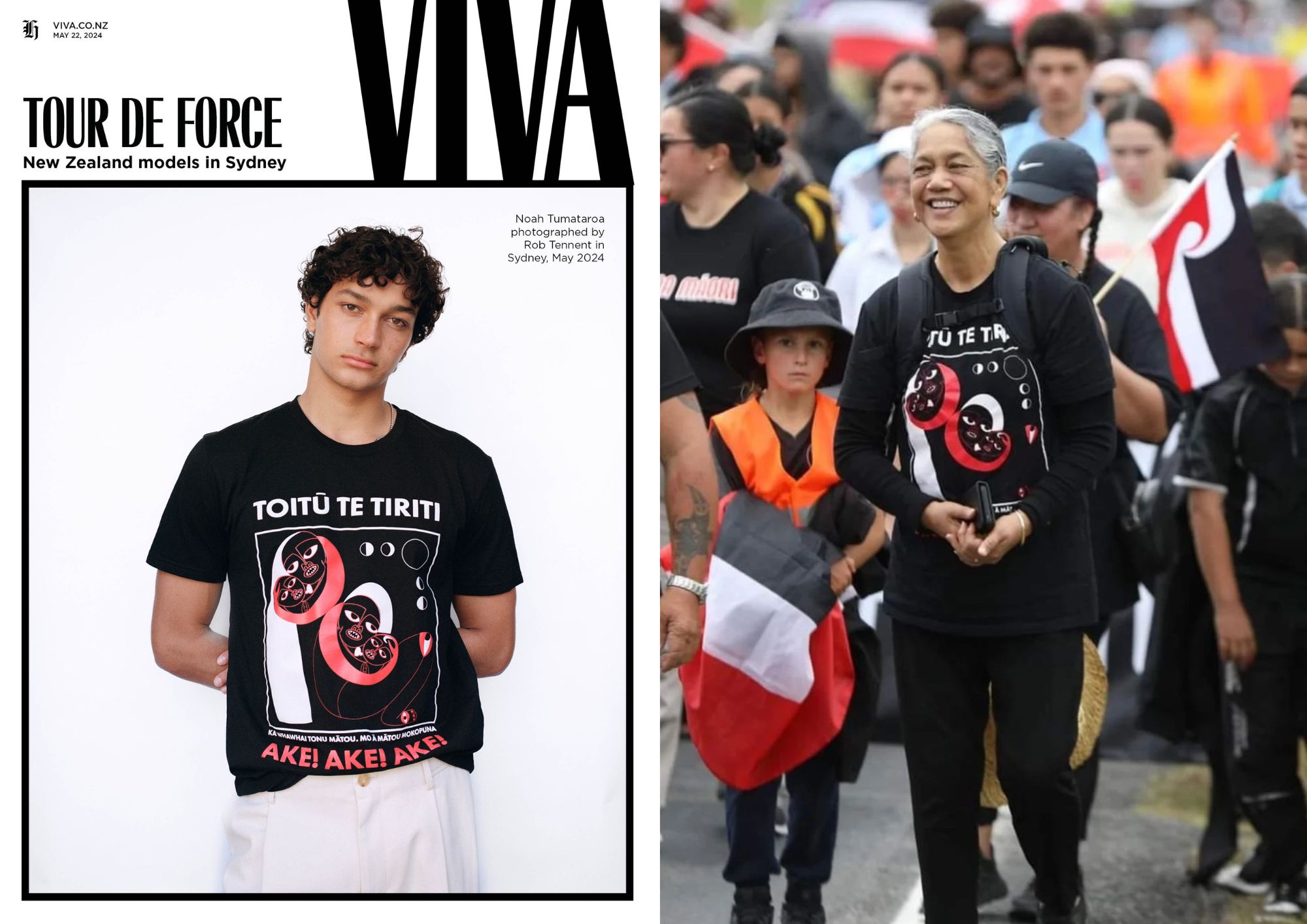 Left: Model Noaha Tumataroa on the cover of Viva, May 2024. Photo / Rob Tennent. Right: Photo / @melanie.tangaere.baldwin