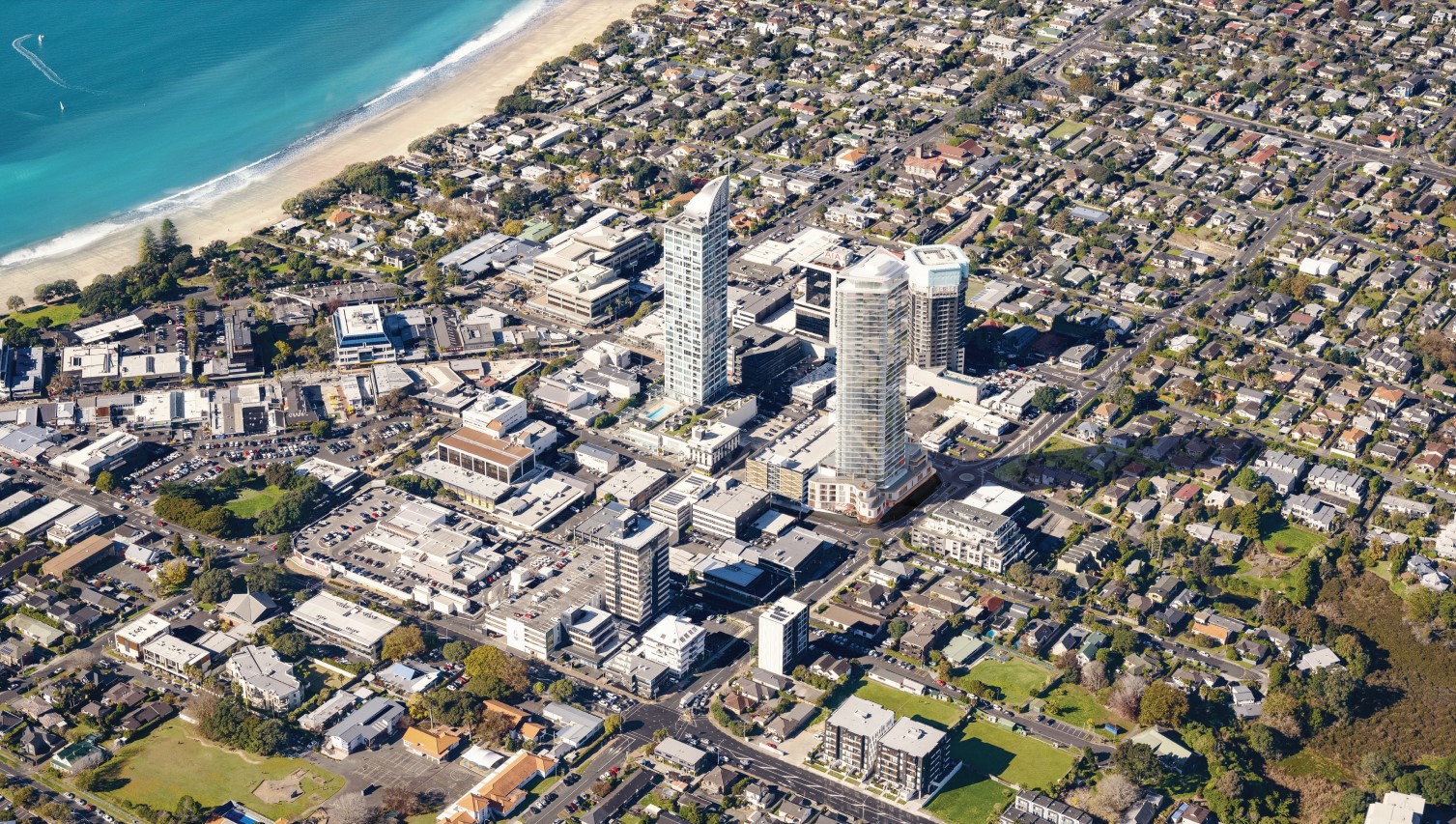 The new planned rental tower (right) with the existing Sentinel apartment tower (left) in the heart of Takapuna. Photo / McConnell