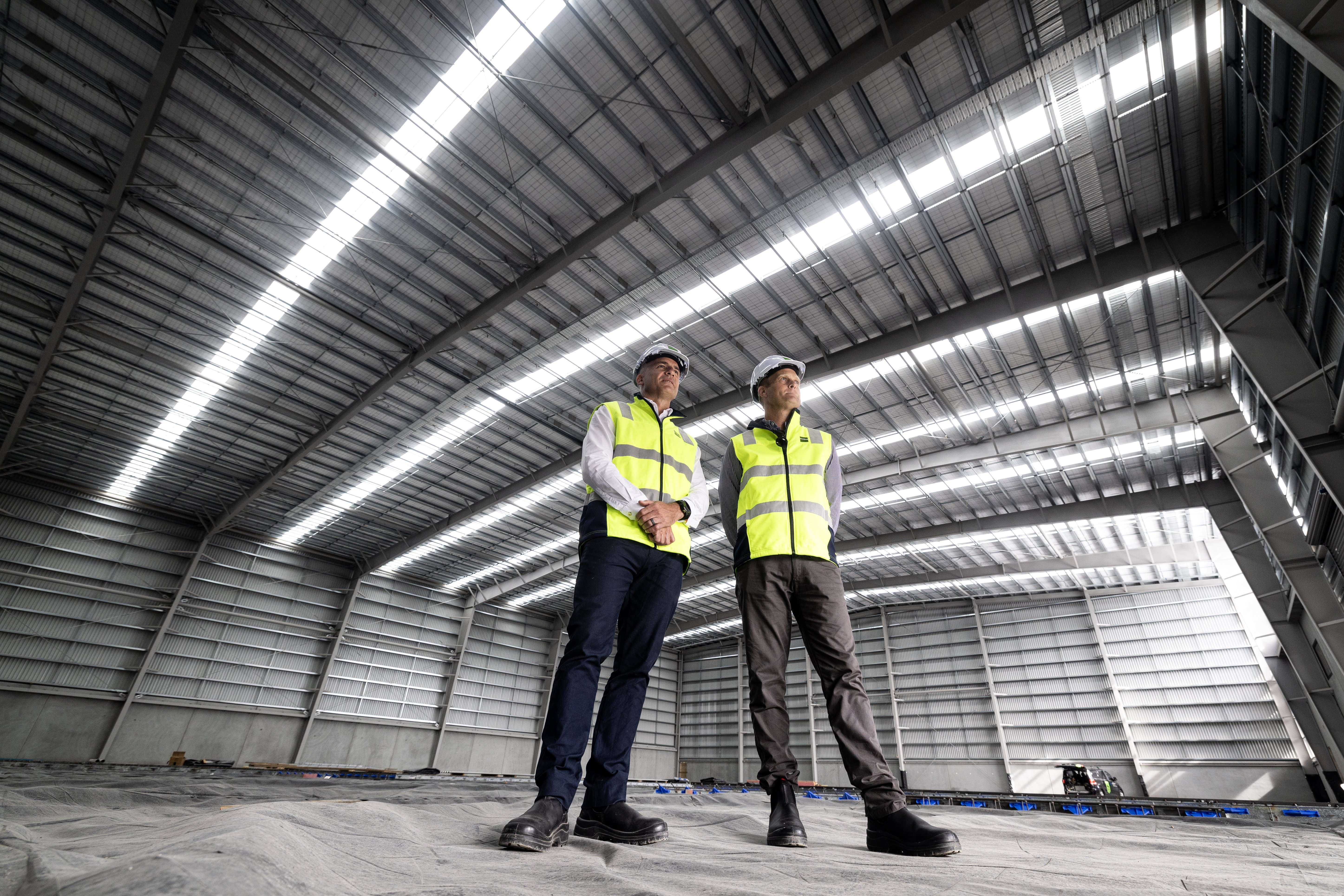 James Spence (left) and Mike Gimblett in one of the new warehouses at Goodman Property Trust's new Roma Rd development. Photo / Jason Oxenham
