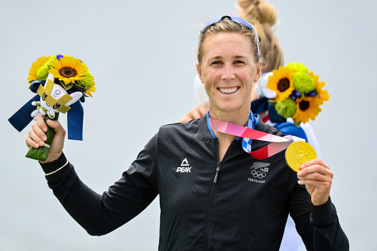 Emma Twigg celebrates with her gold medal after winning the women's single scull at the Tokyo Olympics. Photosport